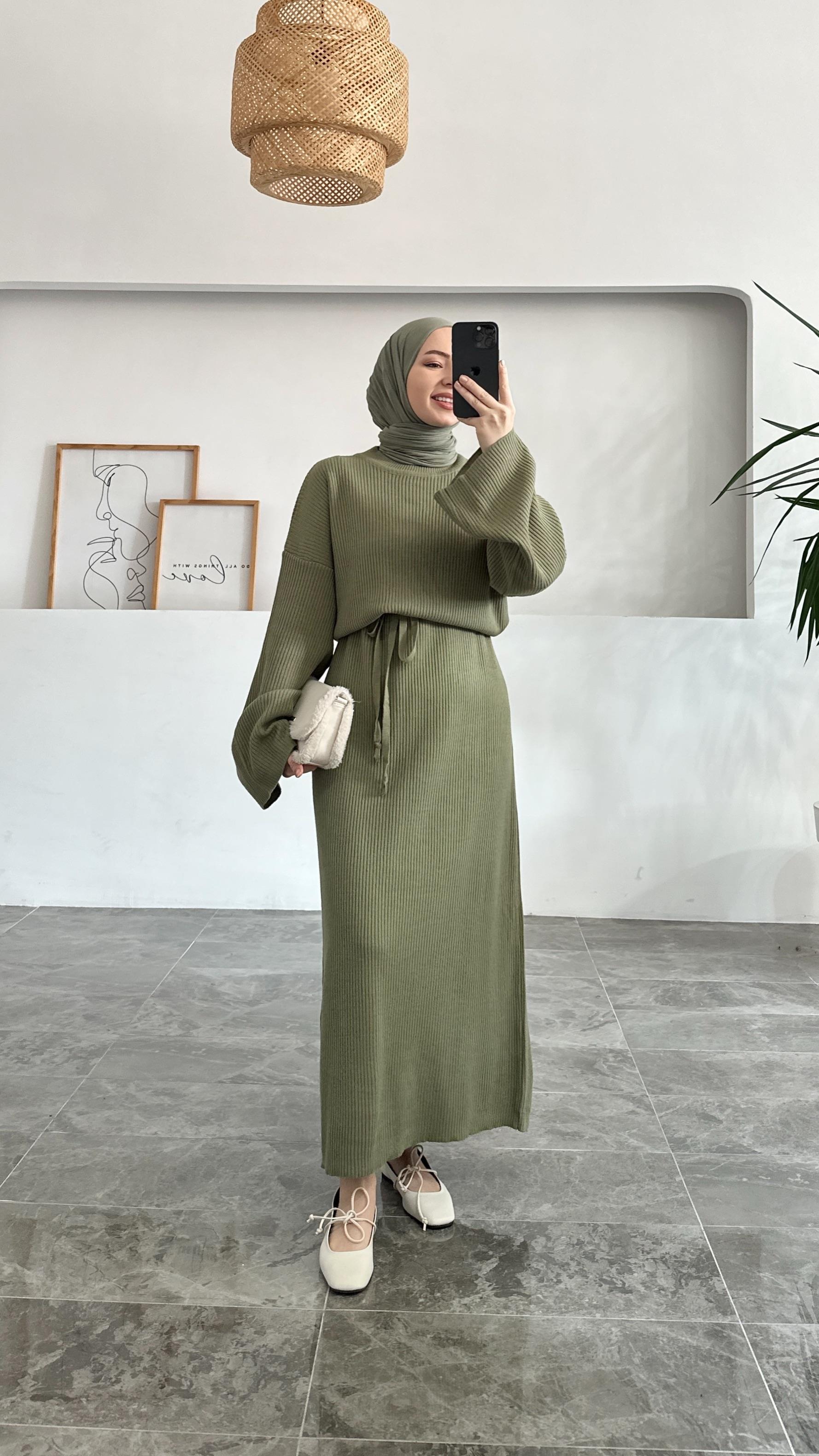 Pella Su Yeşili Fitilli Triko Elbise