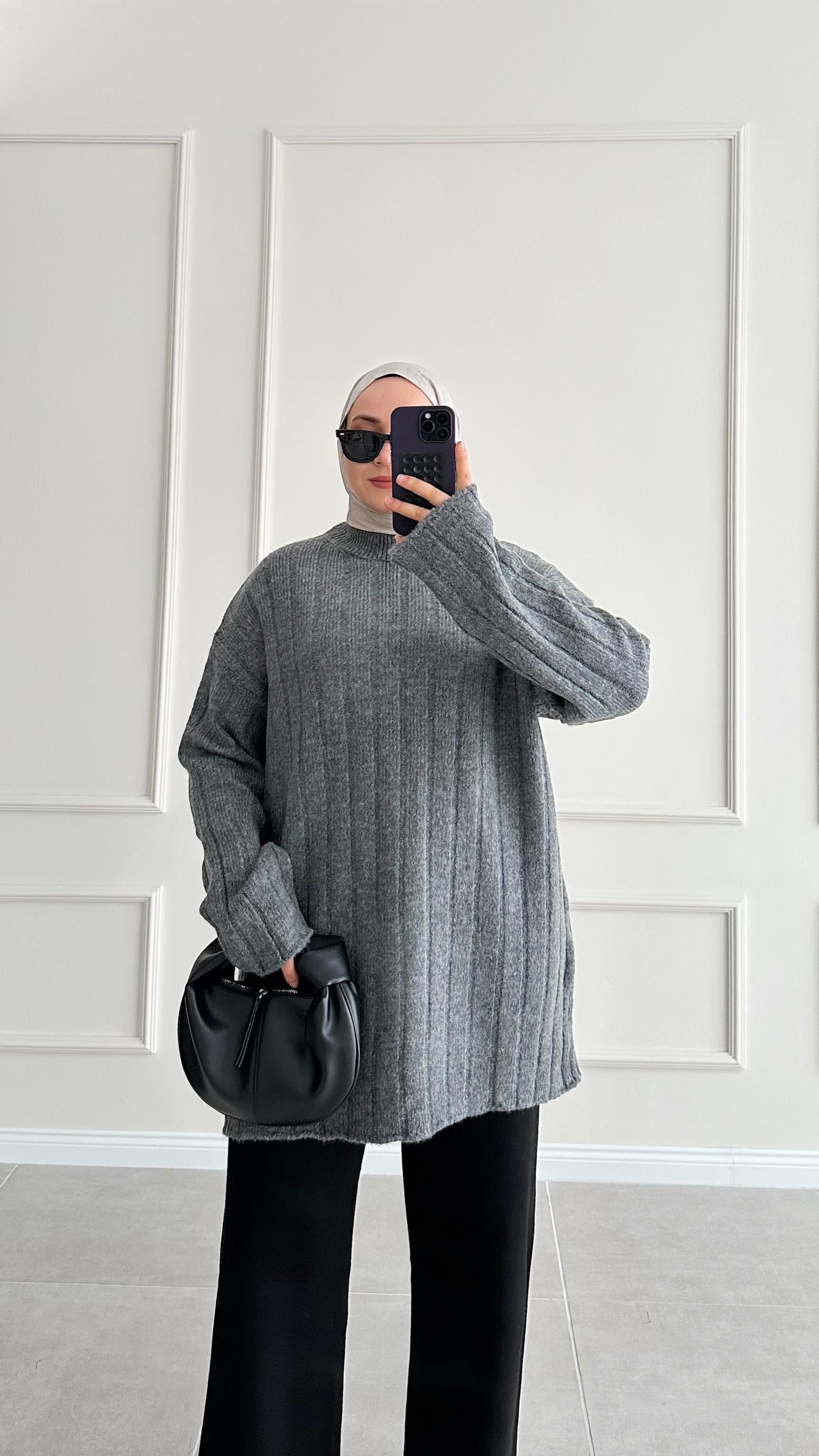 Piace Çizgili Antrasit Triko Kazak 