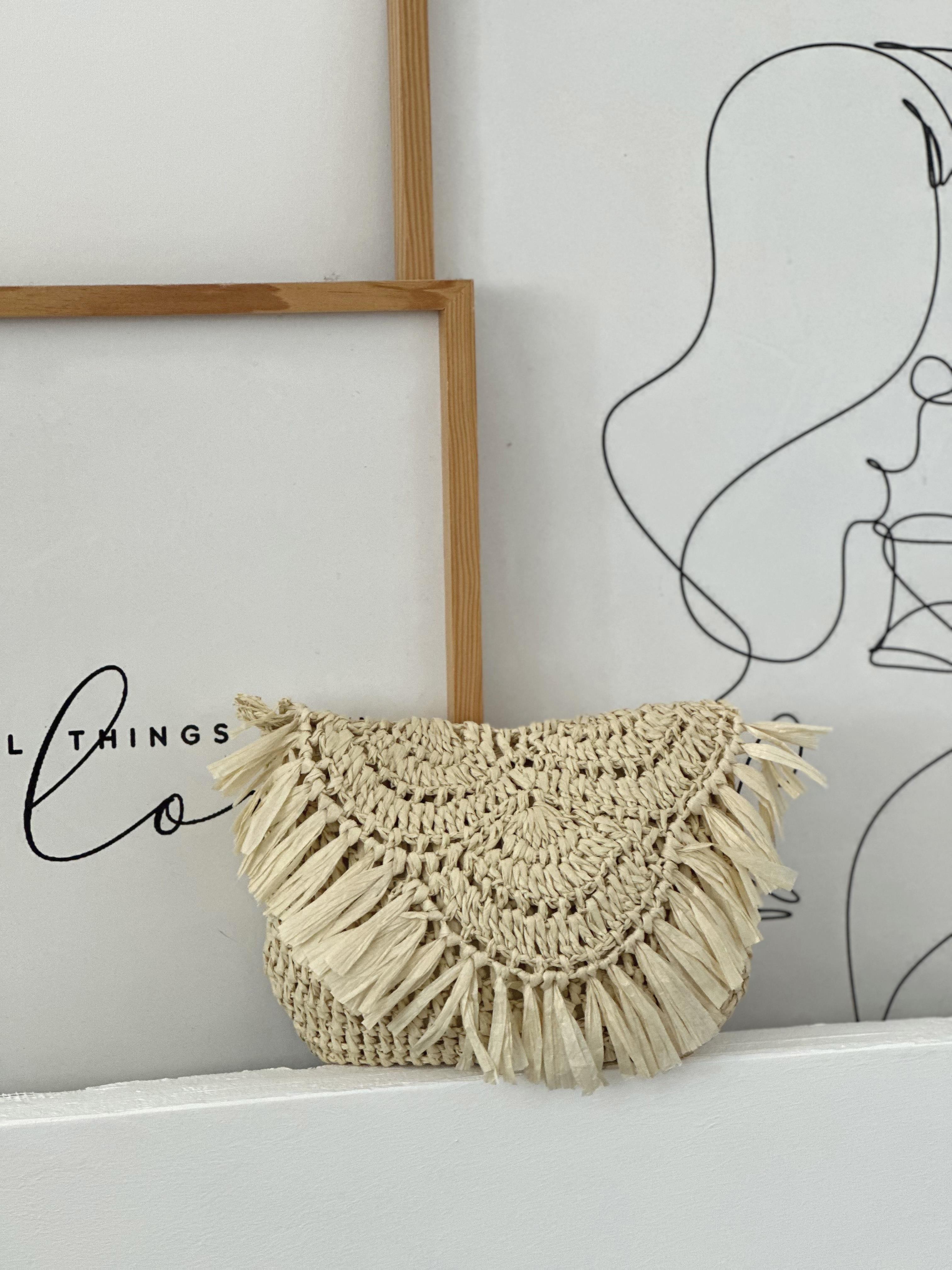 Püsküllü Astarlı Krem Hasır Çapraz & Omuz Çantası