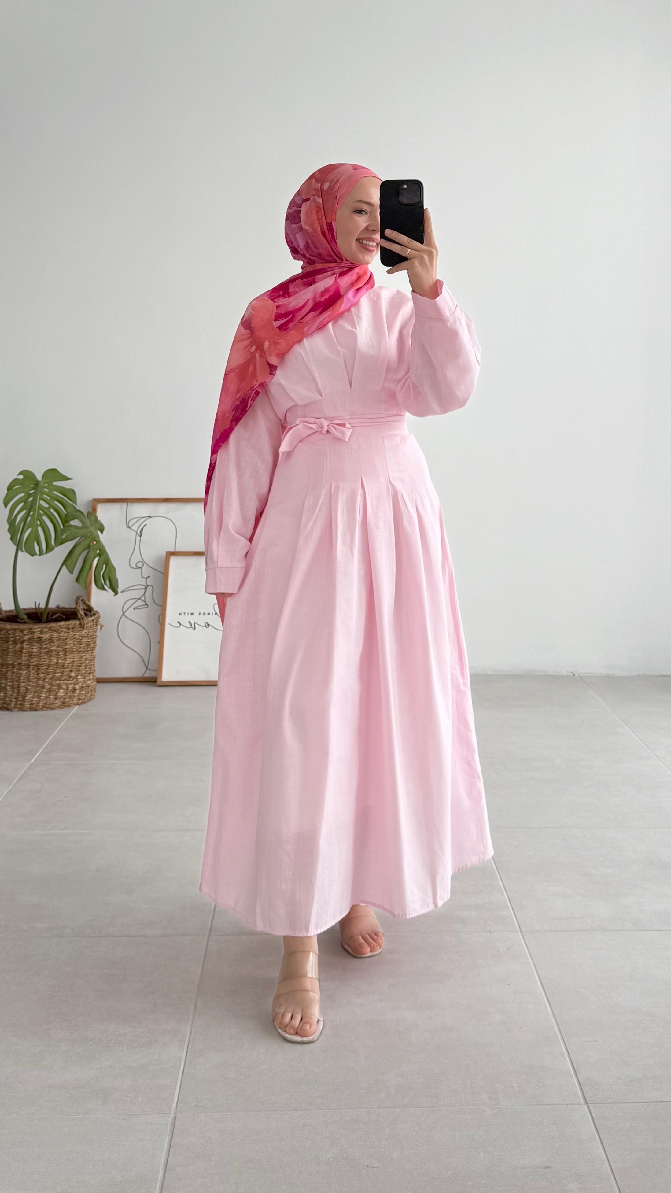 Rapel Pilise Detaylı Keten Pembe Elbise
