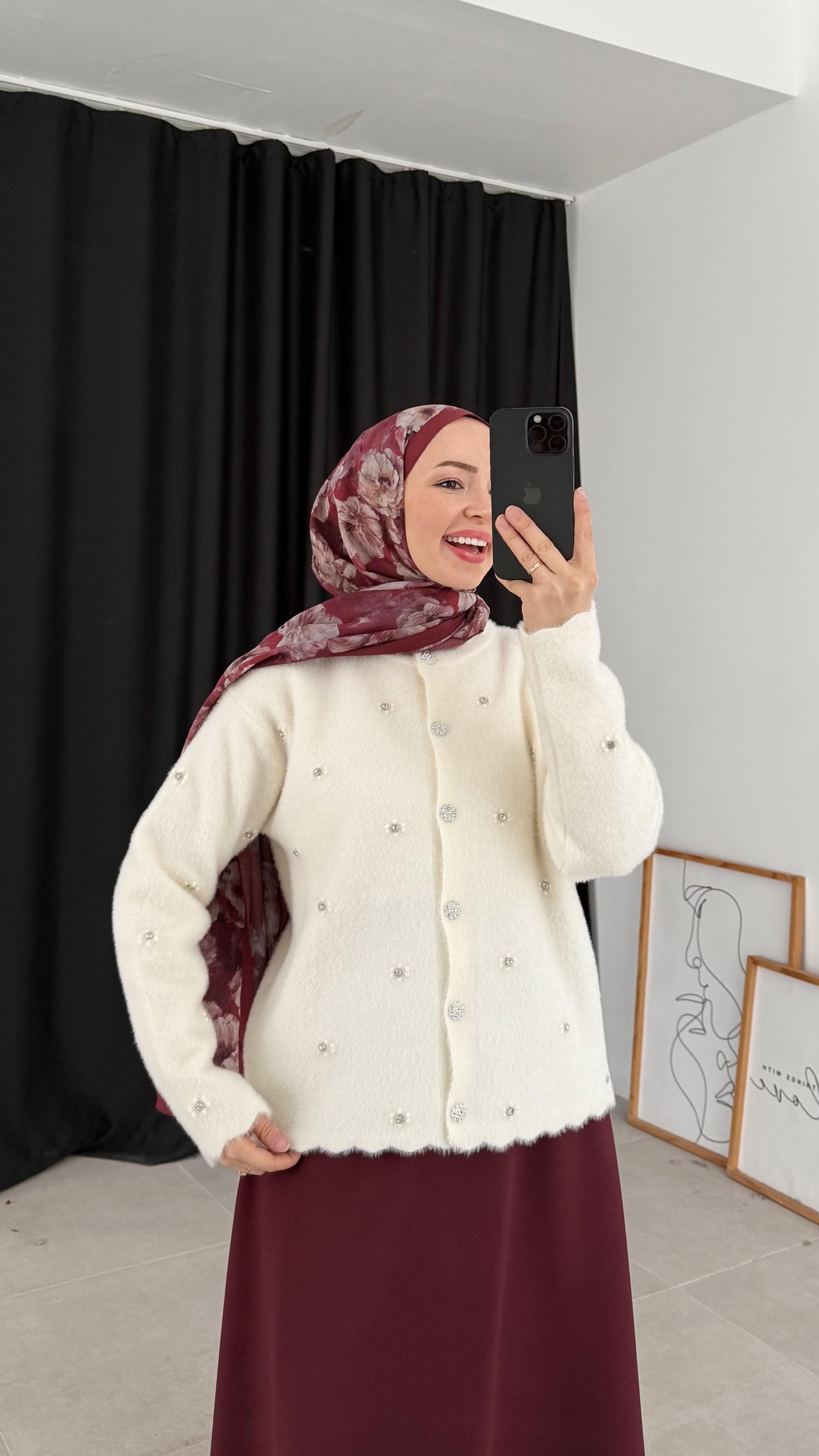 Raya Premıum Angora Taşlı Krem Hırka 