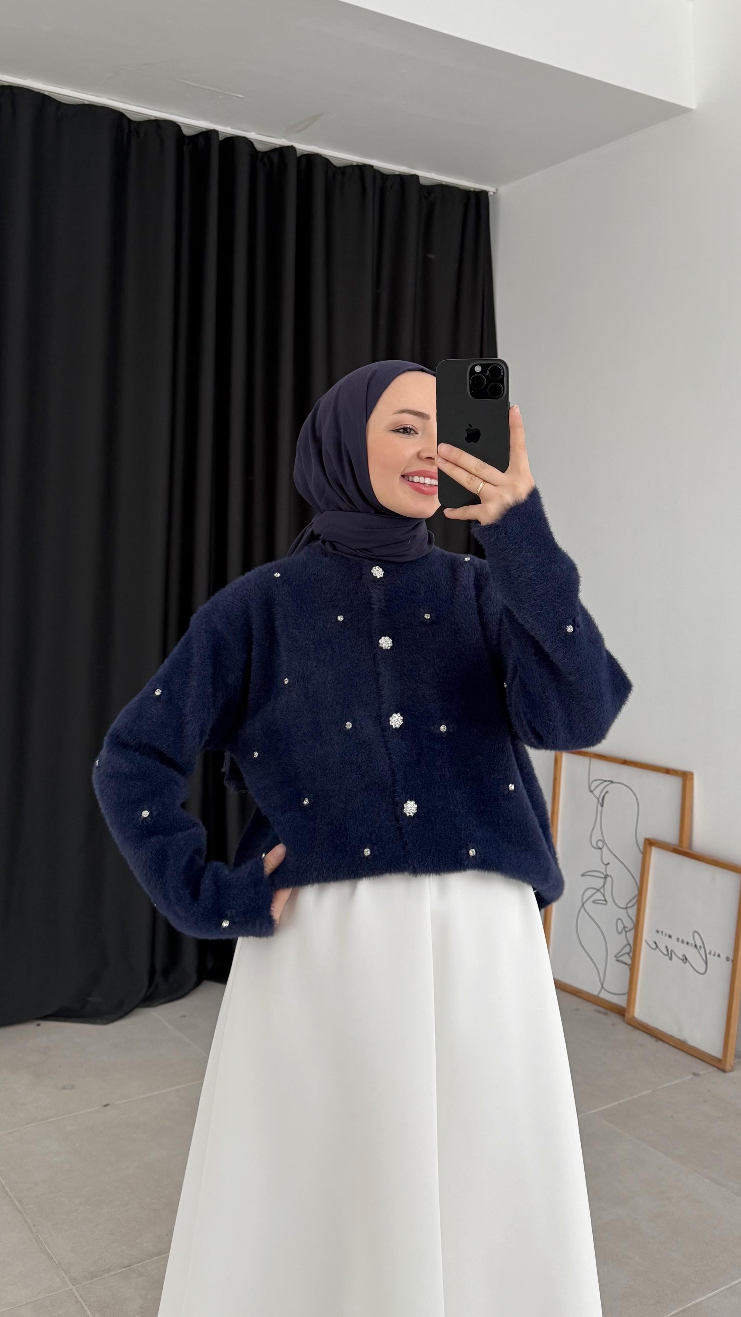 Raya Premıum Angora Taşlı Lacivert Hırka 