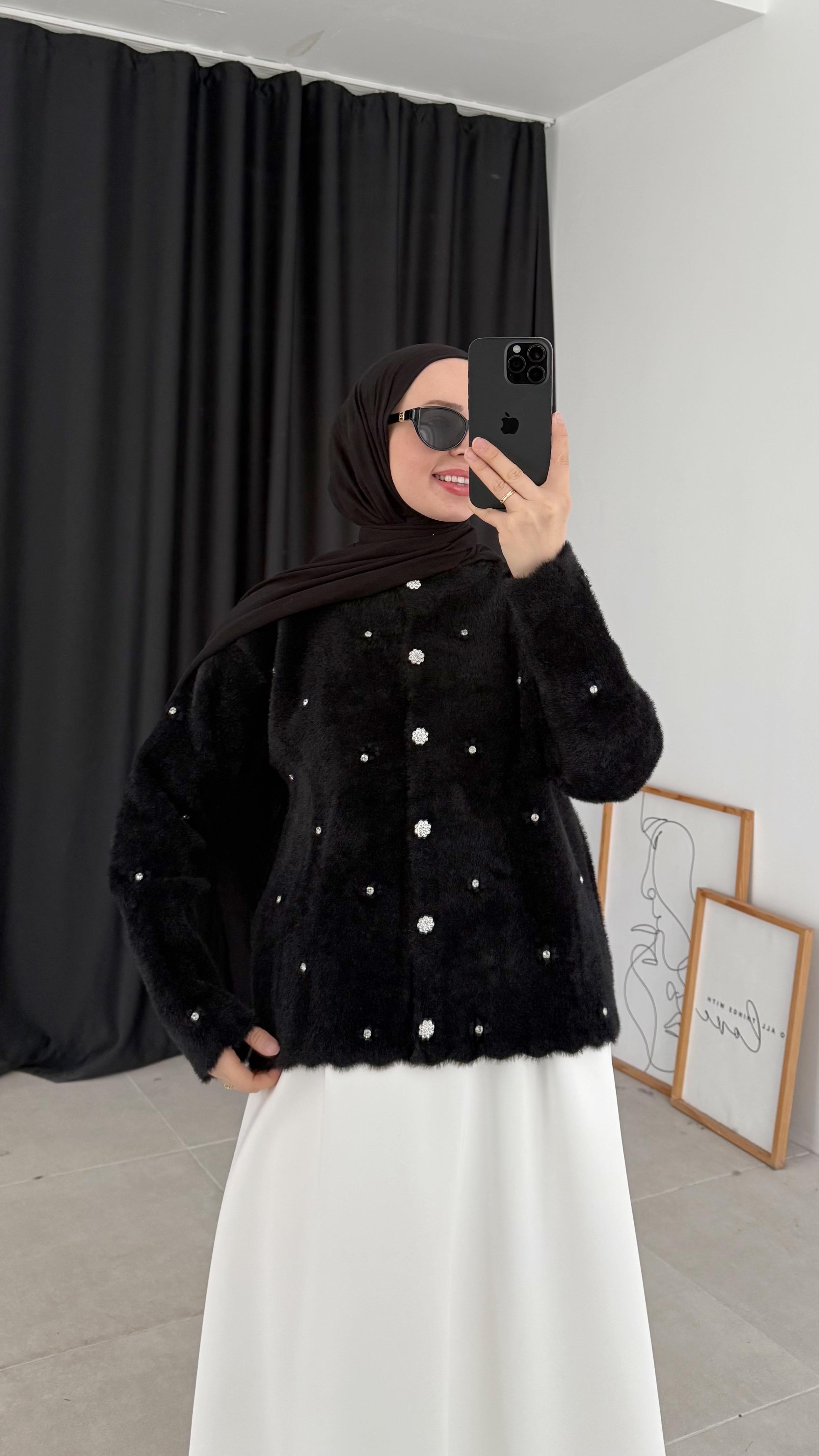Raya Premıum Angora Taşlı Siyah Hırka 