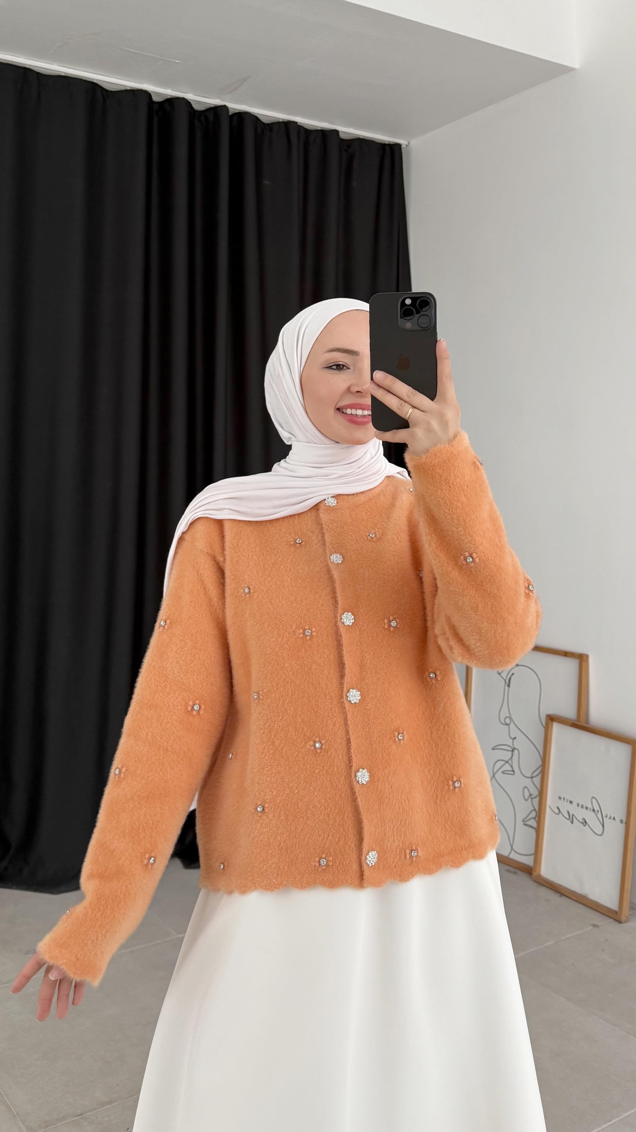 Raya Premıum Angora Taşlı Turuncu Hırka 
