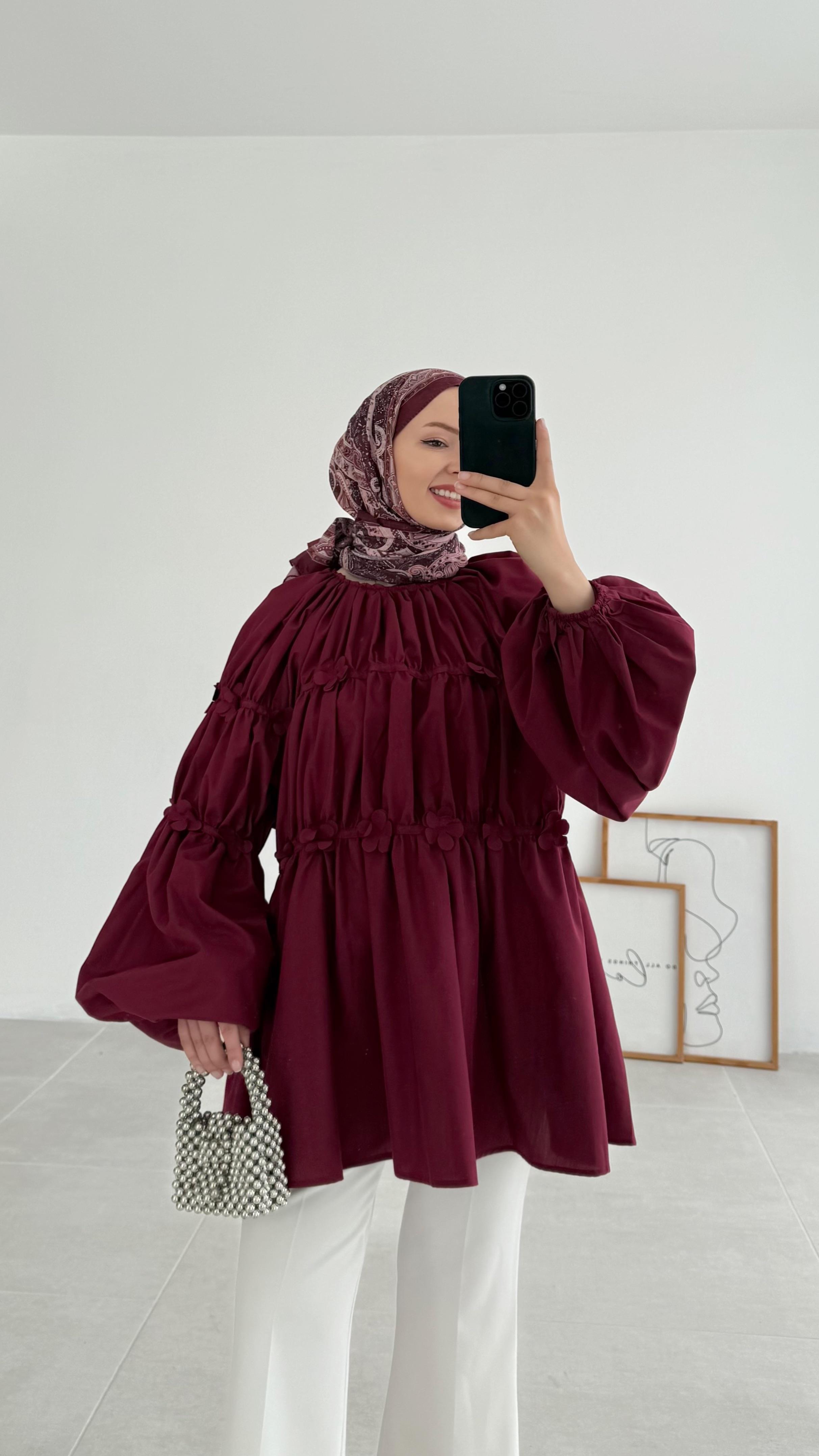 Reglan Minik Çiçek Detaylı Bordo Bluz 