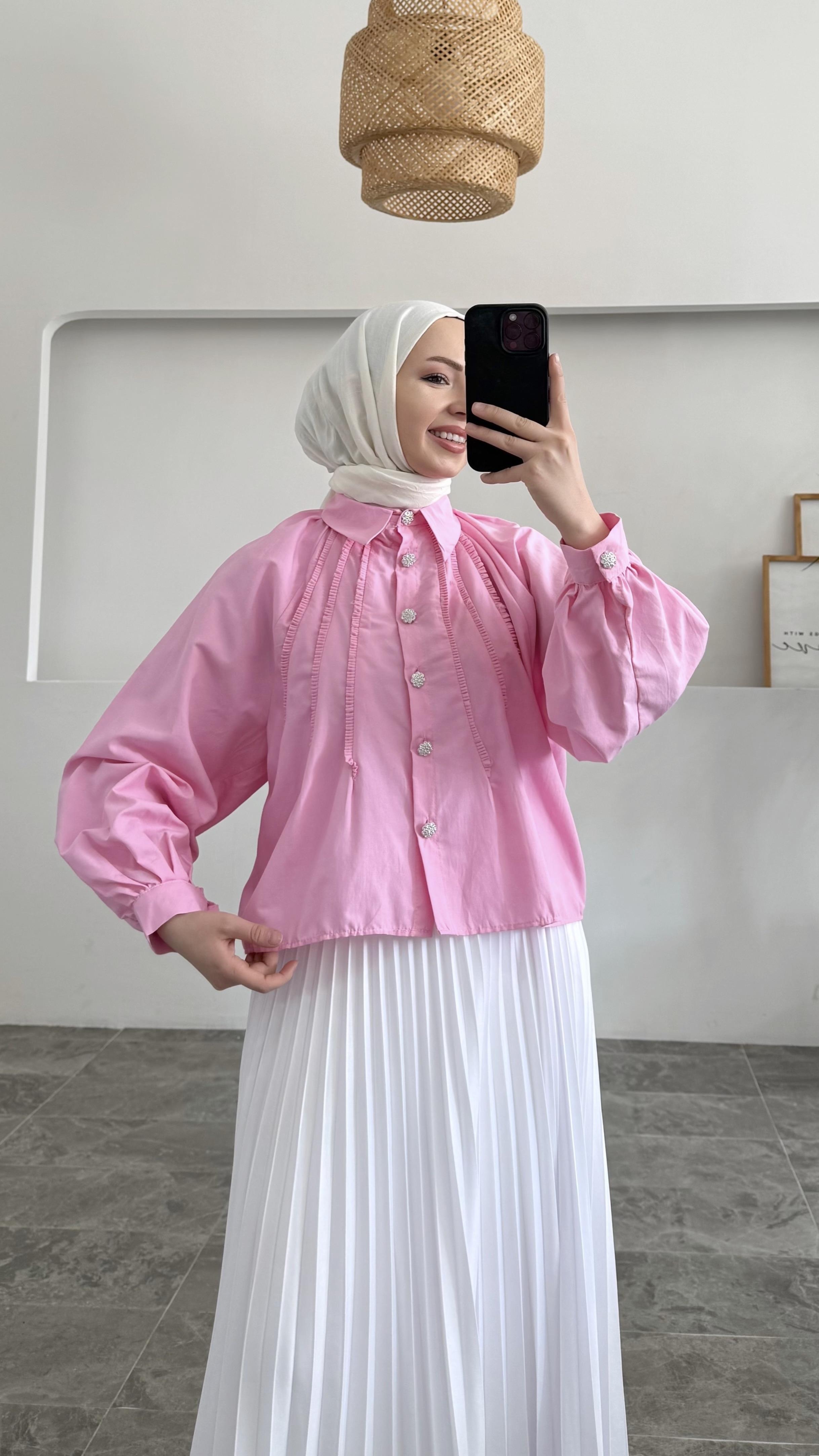 Royal Premium Taş Düğmeli Pembe Gömlek