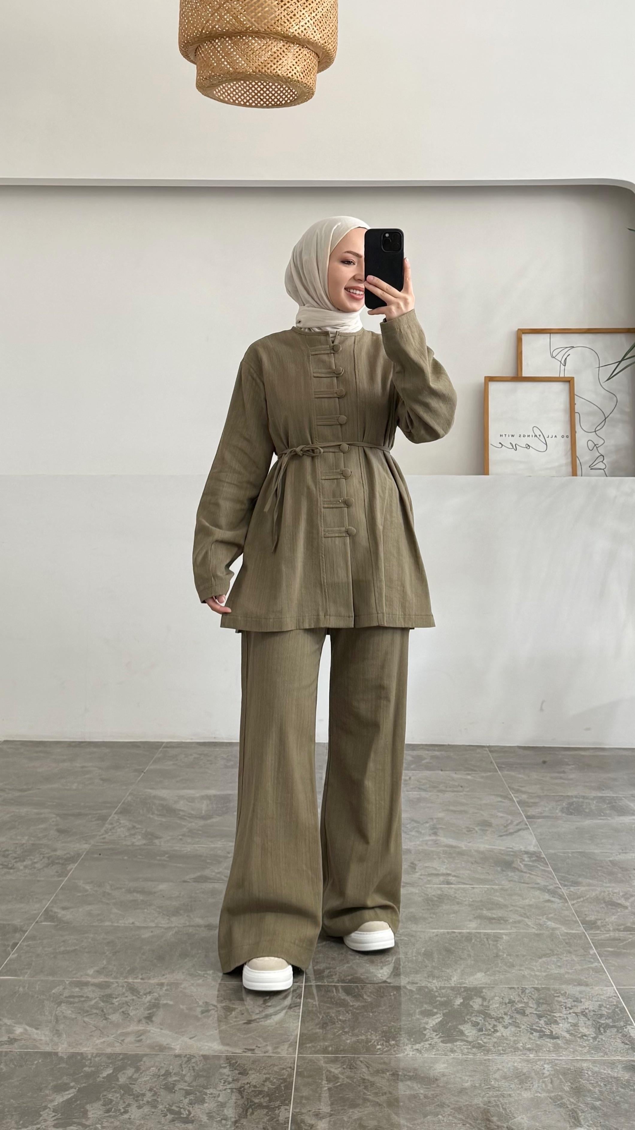 Safir Ham Keten Düğmeli Haki Takım