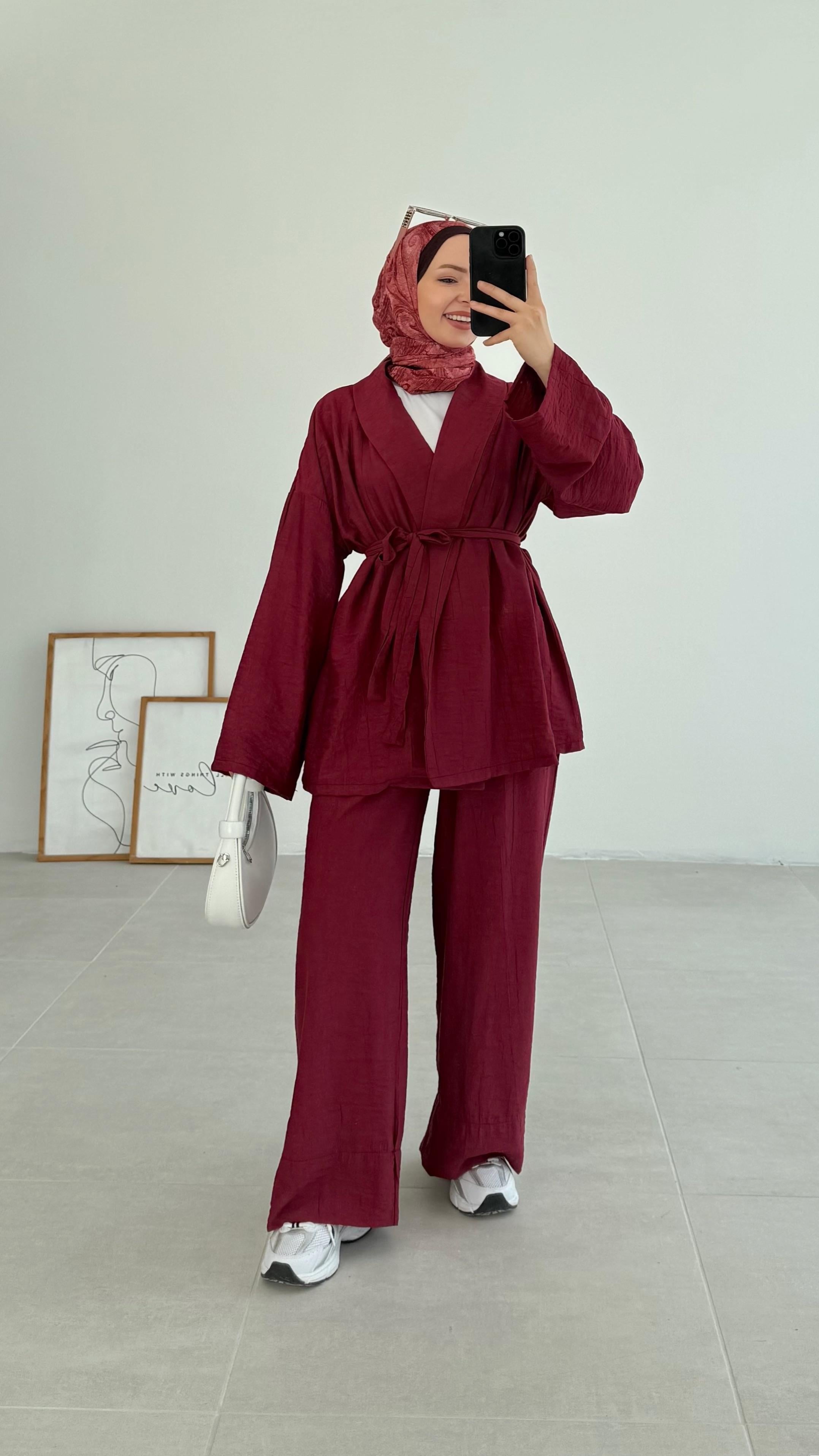 Sahra Rahat Kimono Bordo Takım