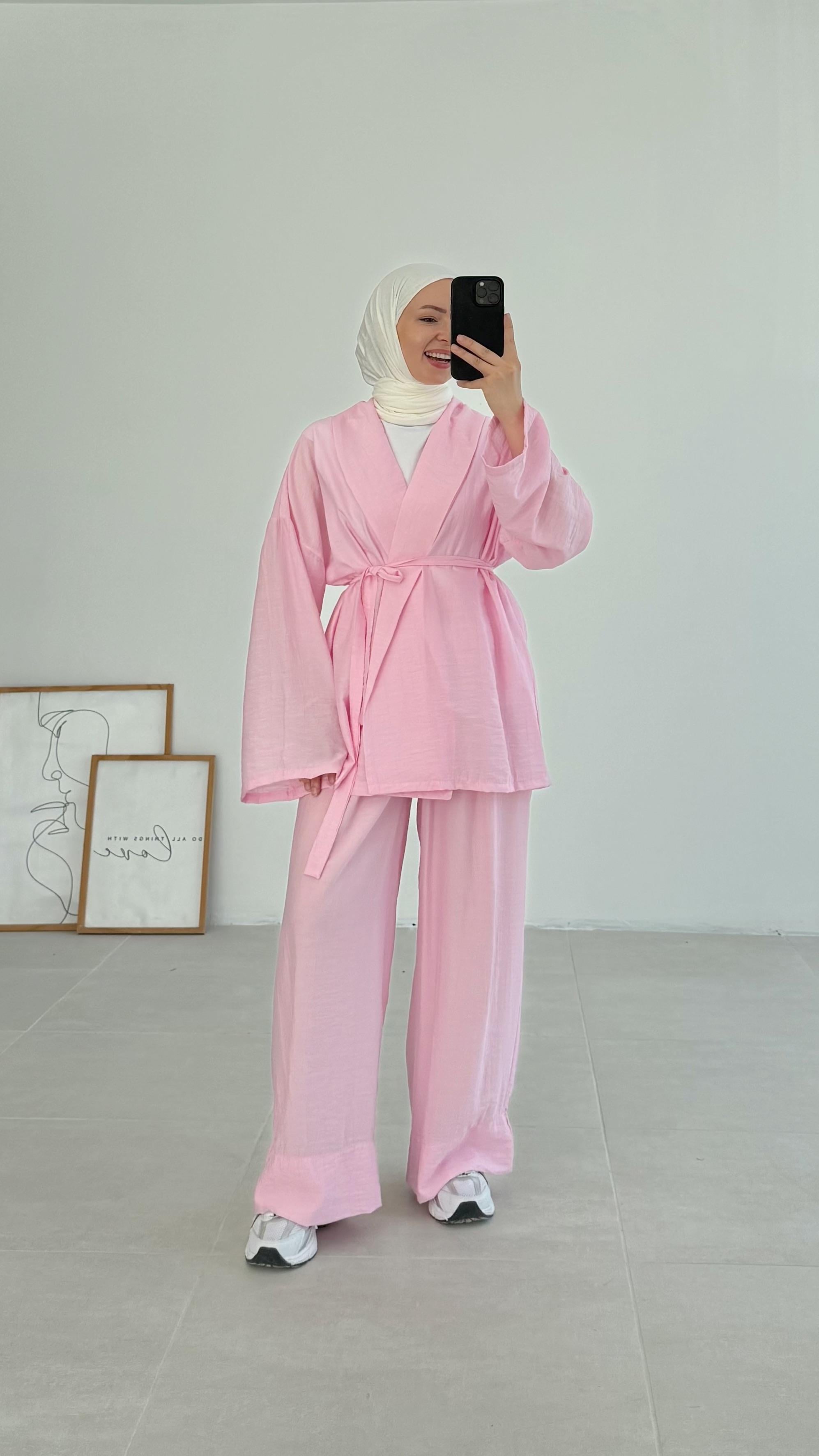 Sahra Rahat Kimono Pembe Takım