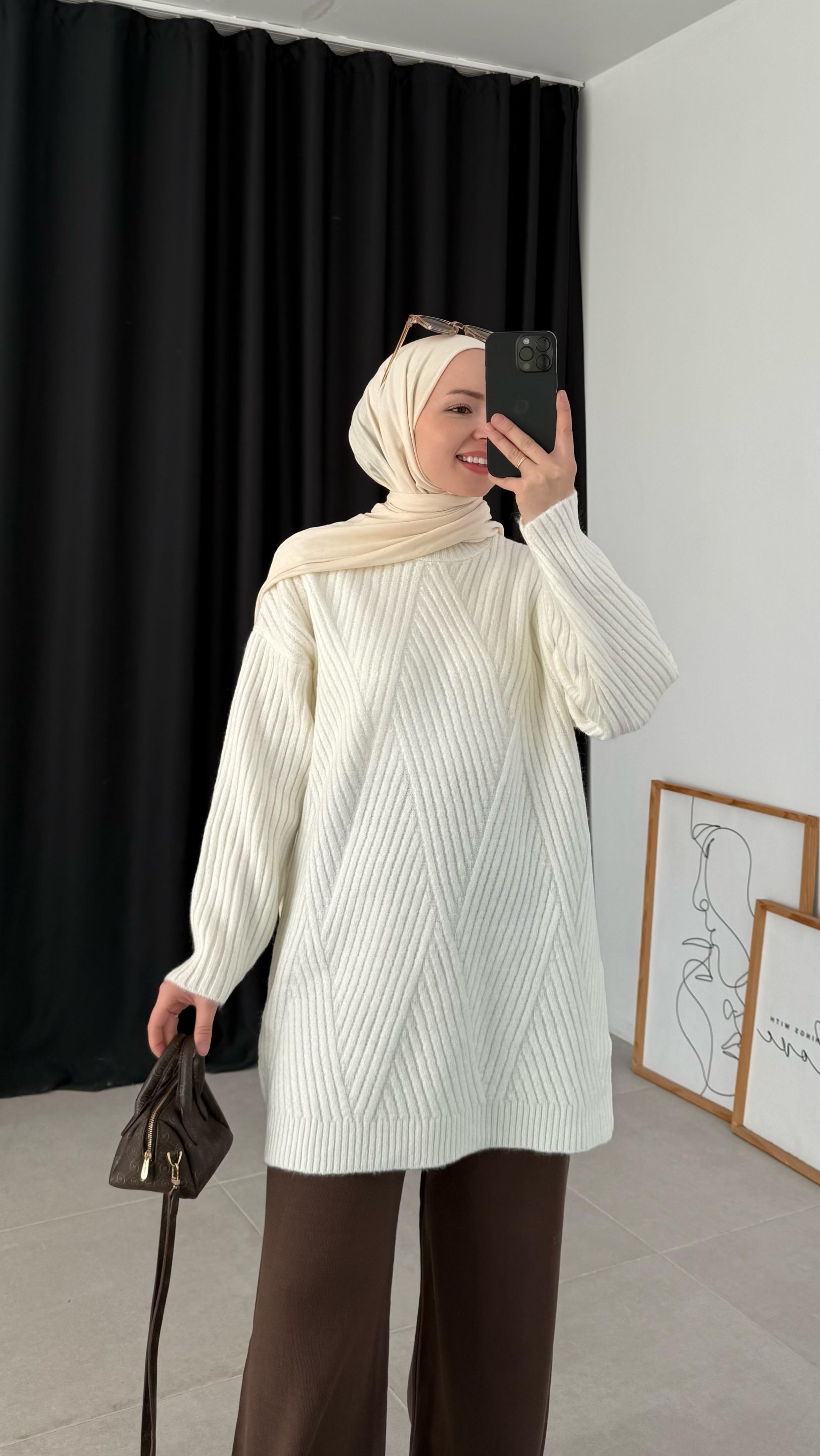 Sandey Zigzag Desen Beyaz Kazak (7852)