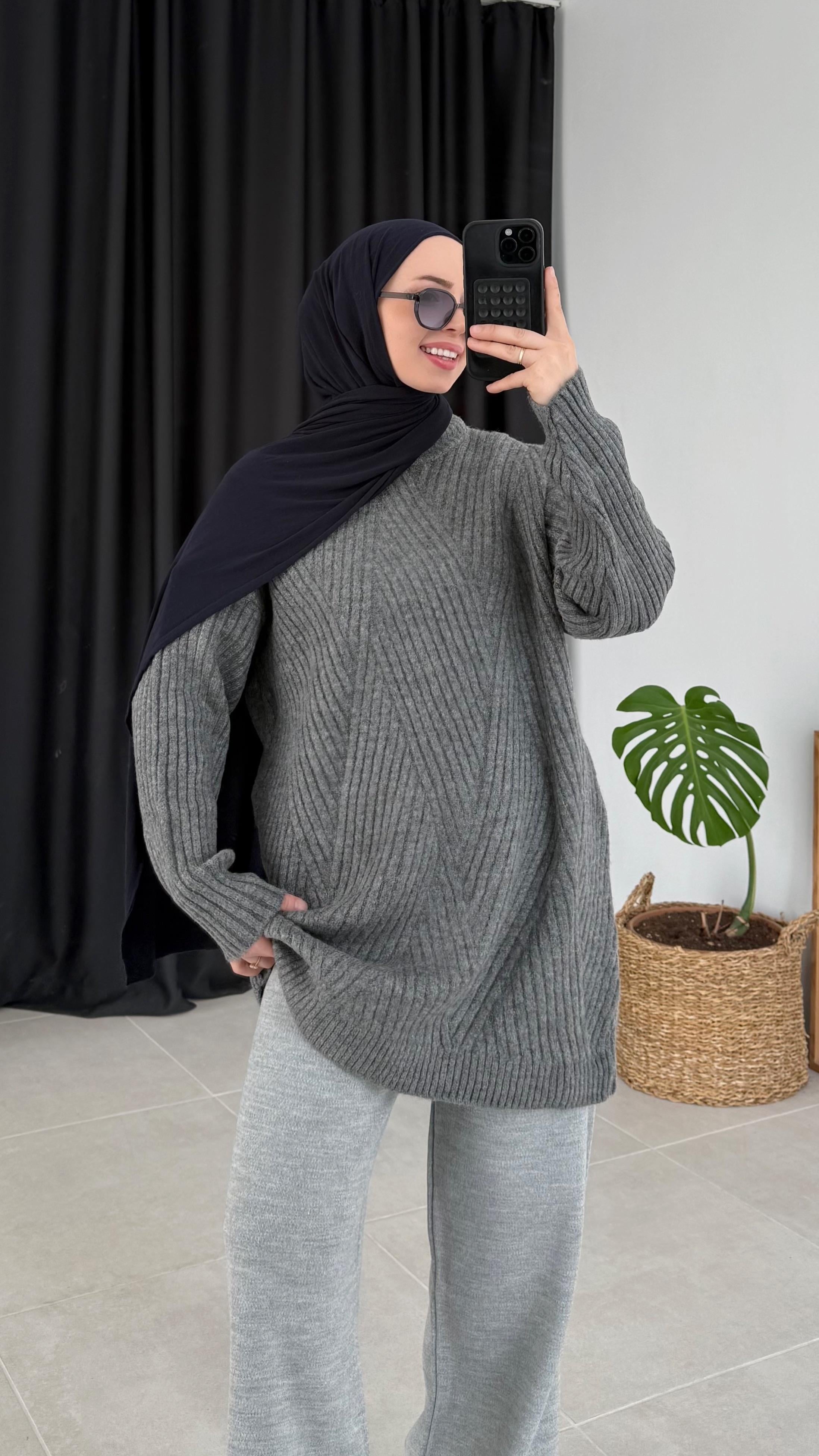 Sandey Zigzag Desen Gri Kazak (7852)