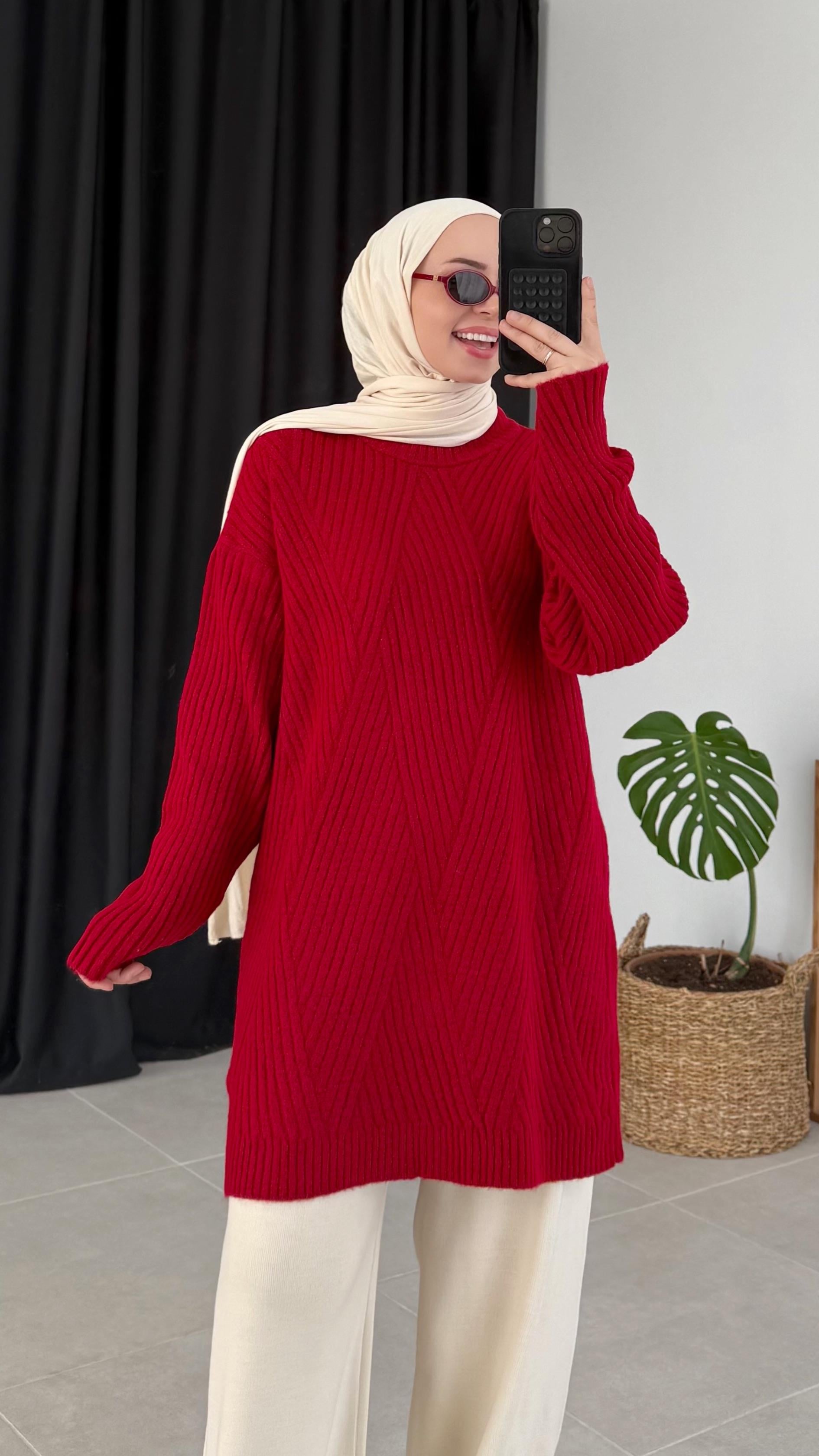 Sandey Zigzag Desen Kırmızı Kazak (7852)