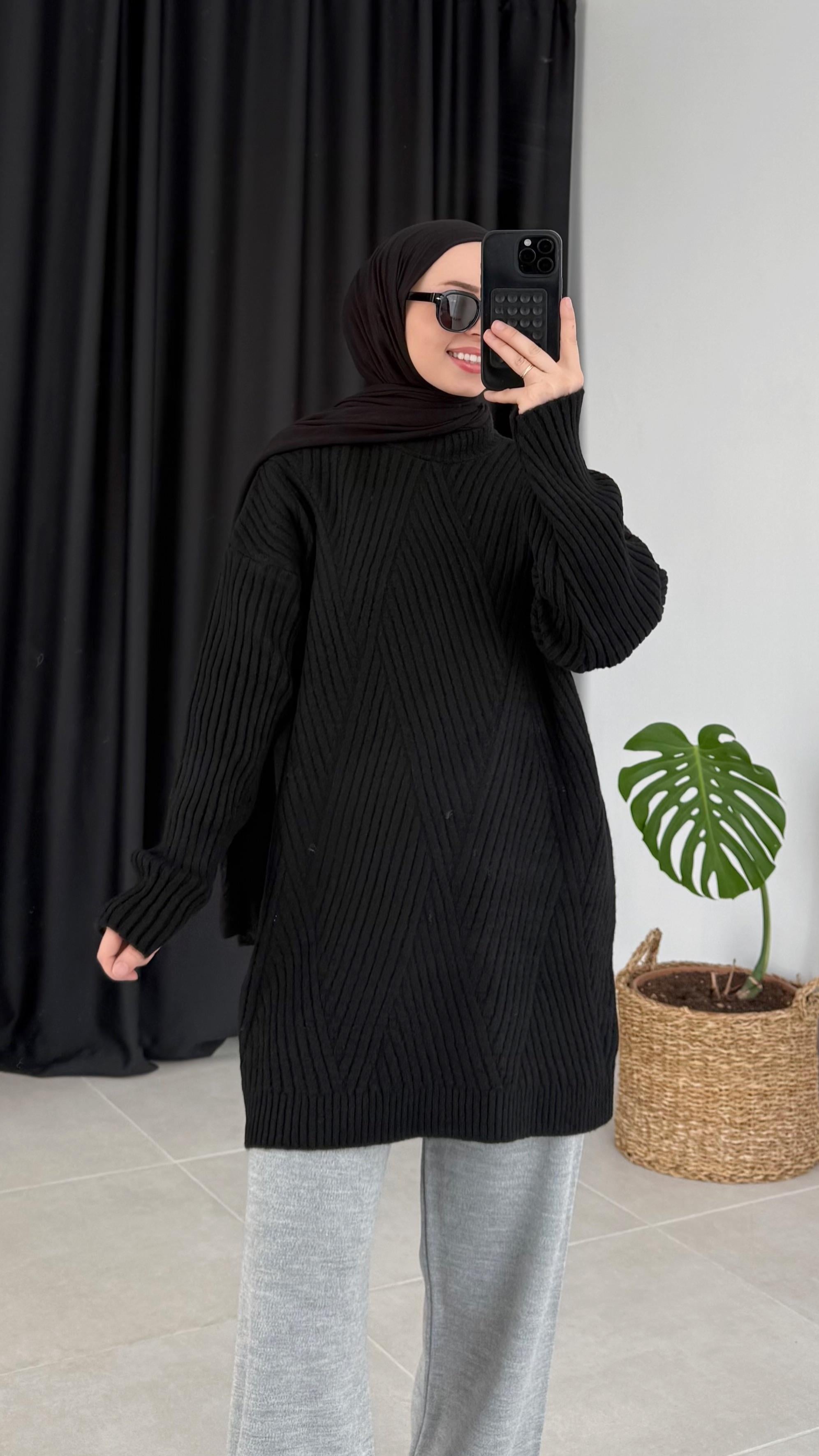 Sandey Zigzag Desen Siyah Kazak (7852)