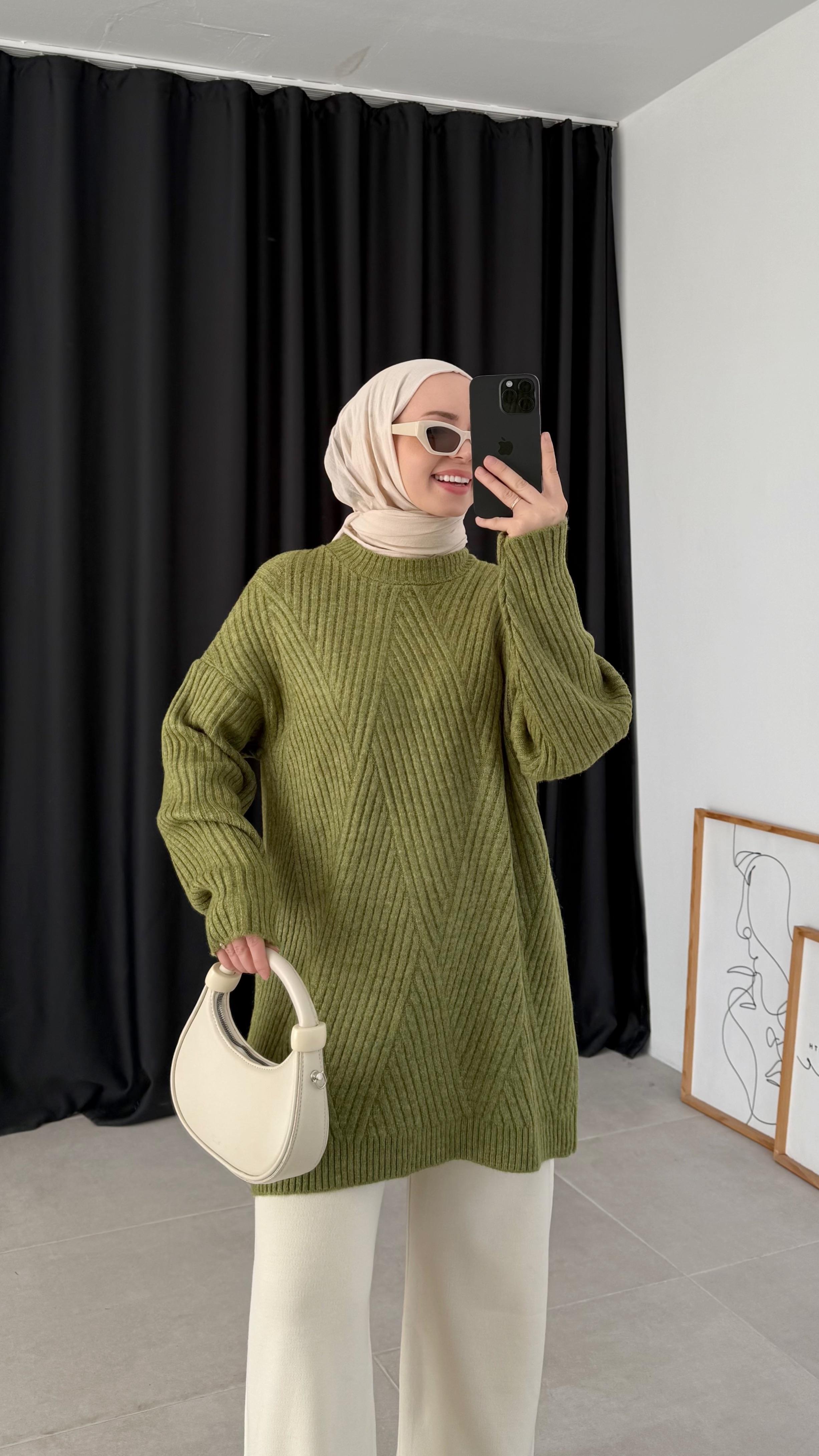 Sandey Zigzag Desen Yeşil Kazak (7852)