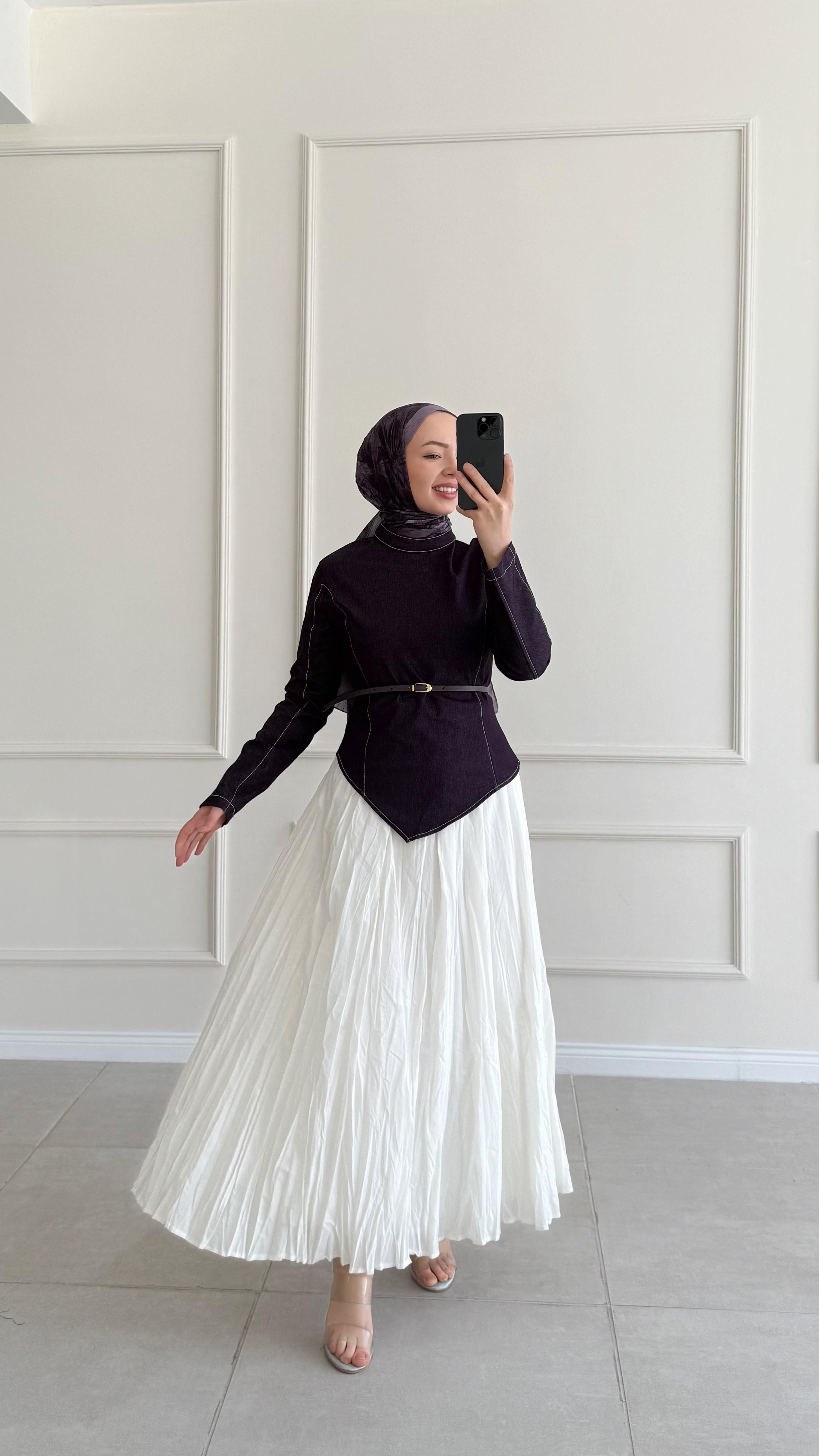 Sando Kot Parçalı Kemerli Vual Bluz Etek Mürdüm Takım 