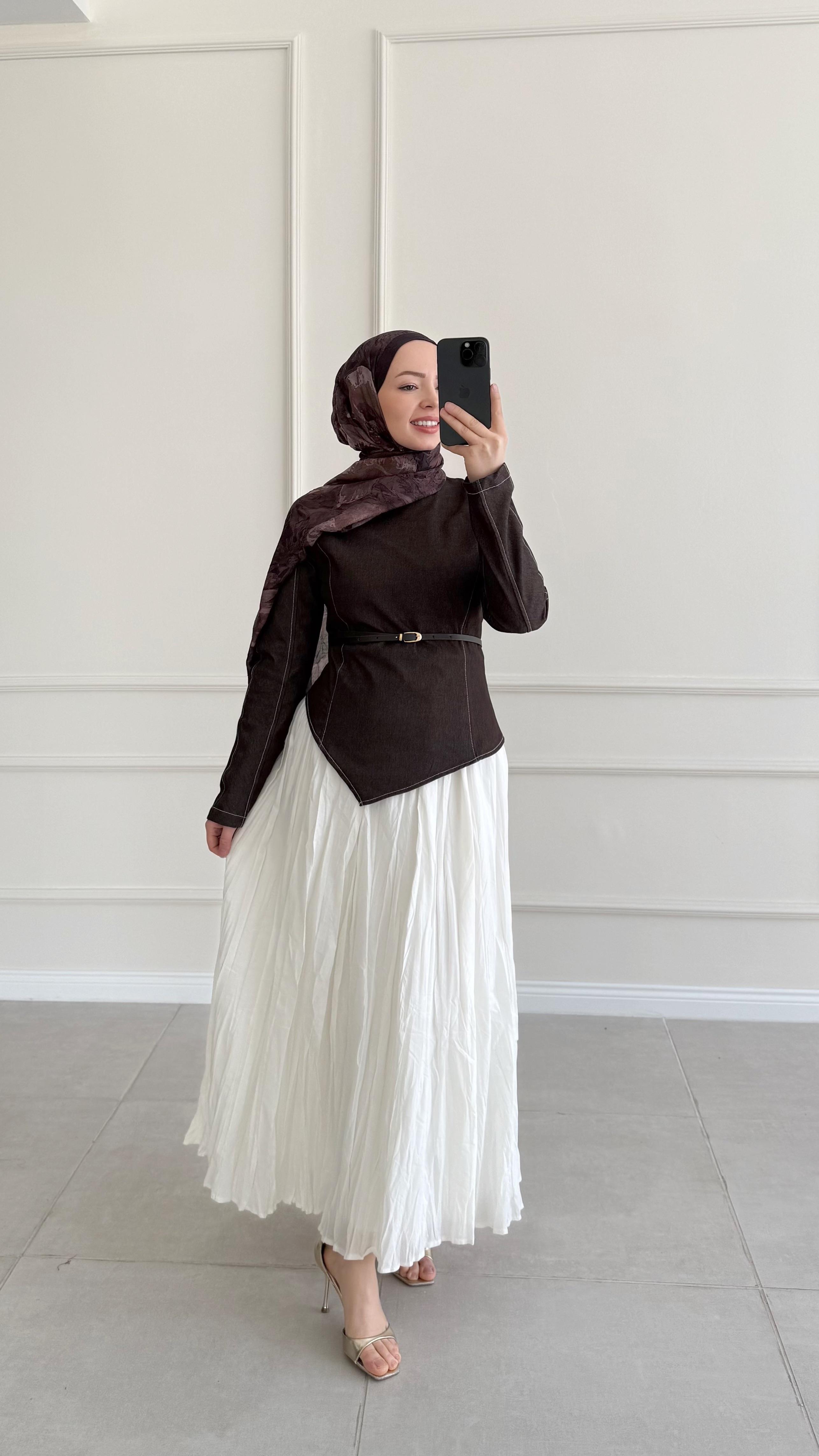 Sando Kot Parçalı Kemerli Vual Bluz Etek Kahverengi Takım 