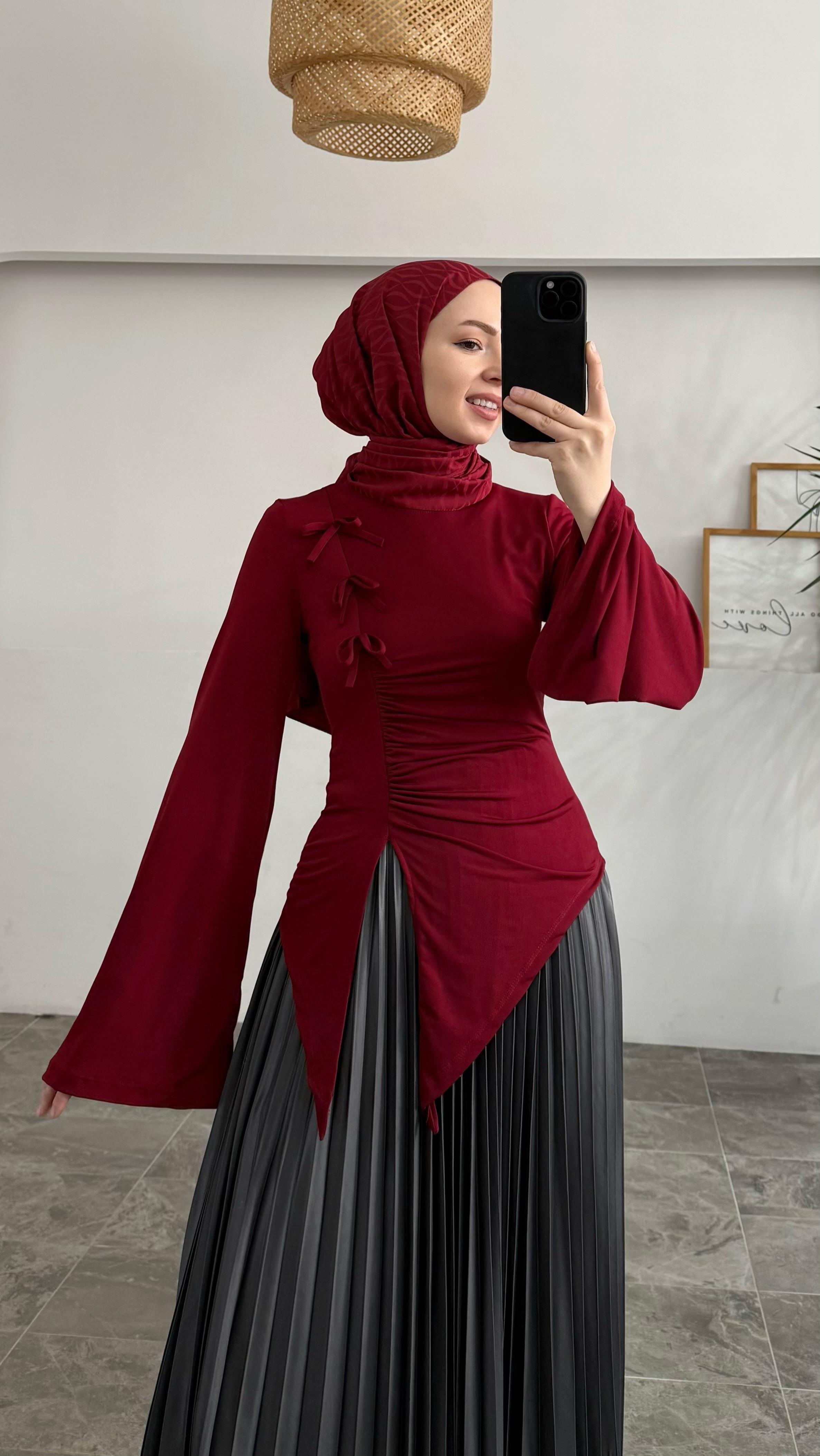 Sandy Fiyonklu Bordo Bluz