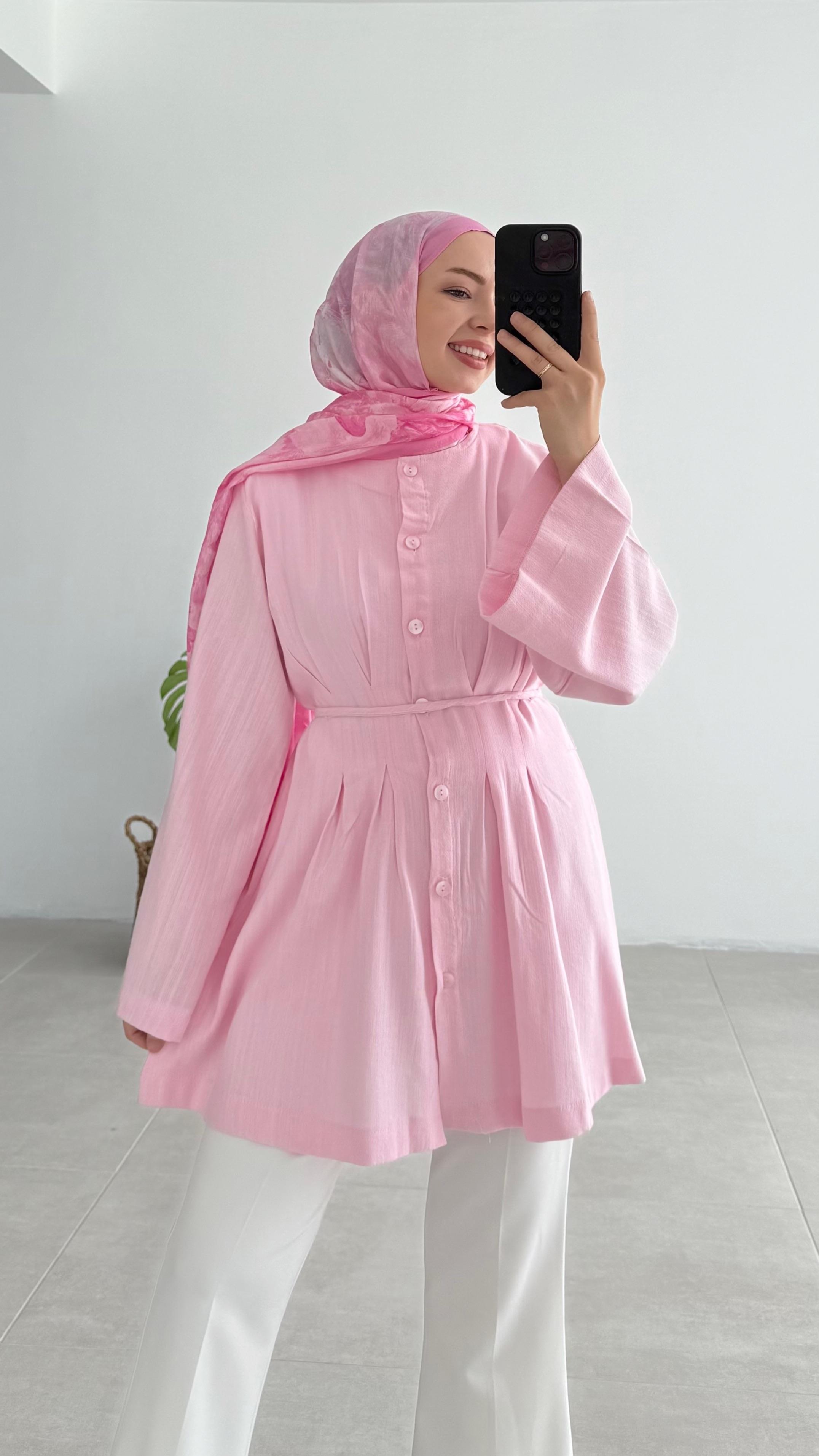 Sanfa Pileli Keten Pembe Tunik