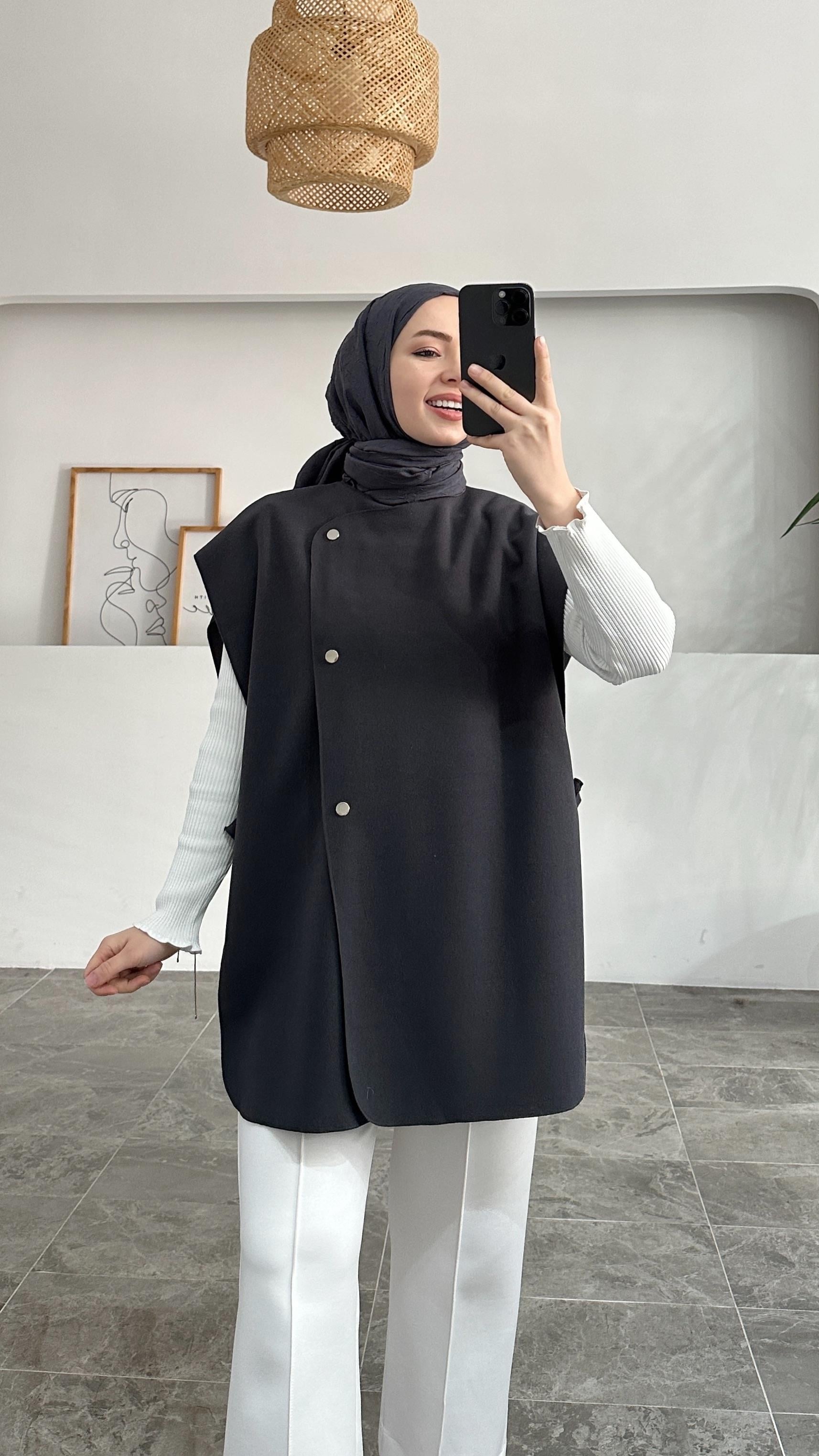 Saniel Premium Kalite Yırtmaçlı Kaşe Antrasit Yelek