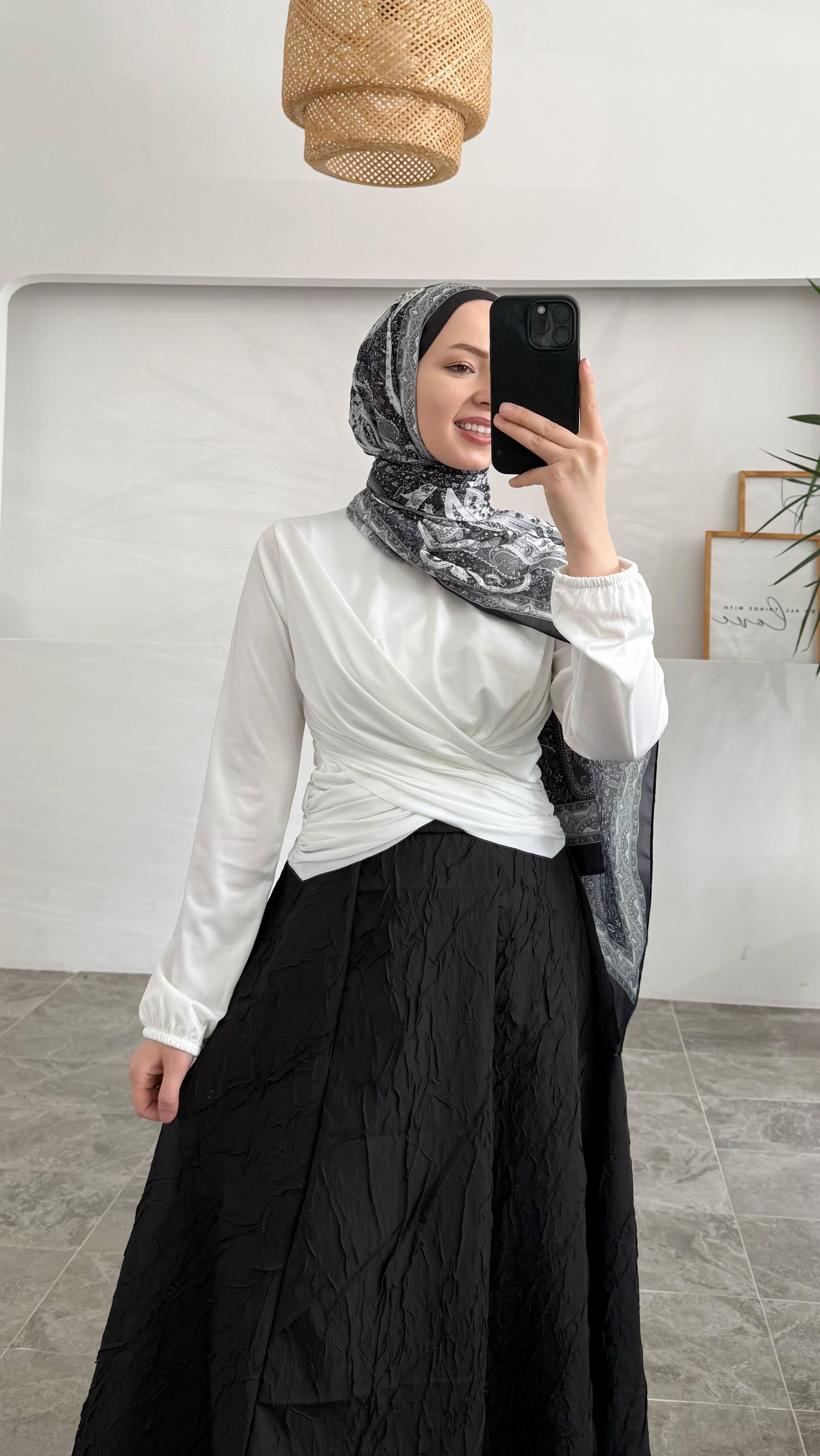 Sannan Çift Drapeli Beyaz Bluz