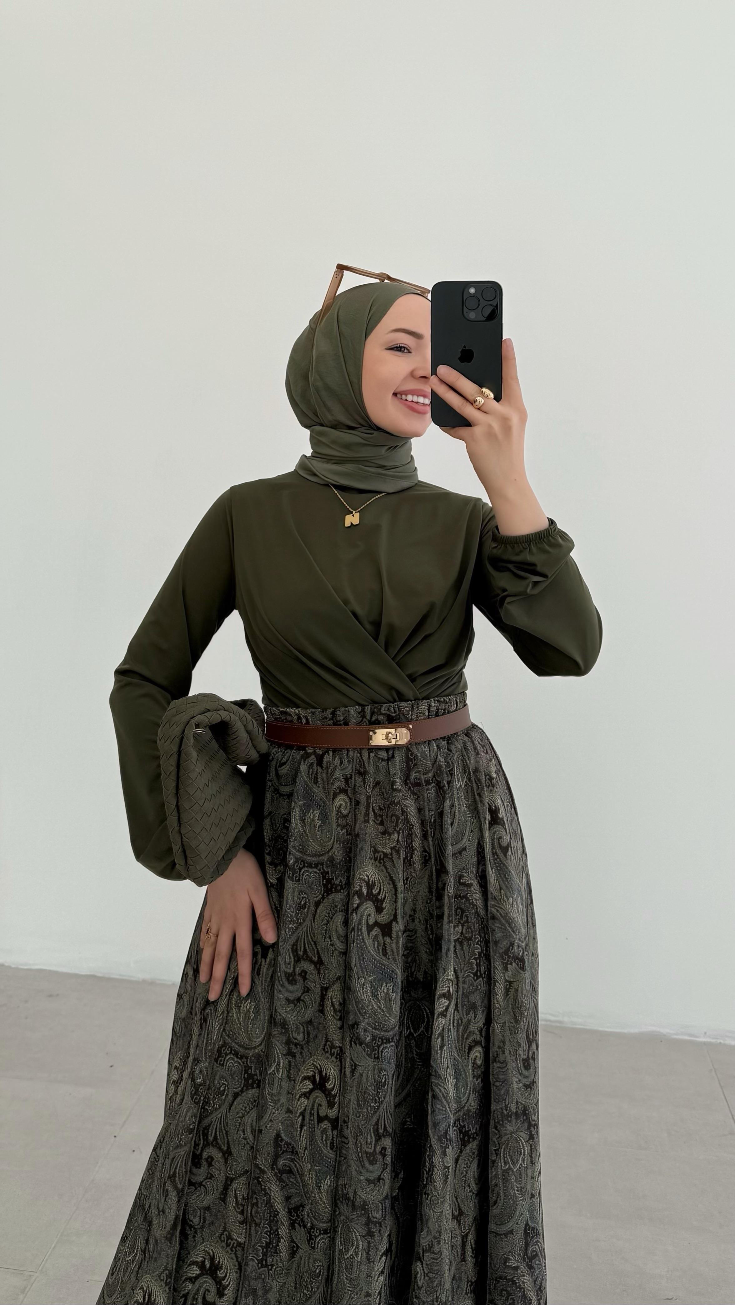 Sannan Çift Drapeli Haki Bluz