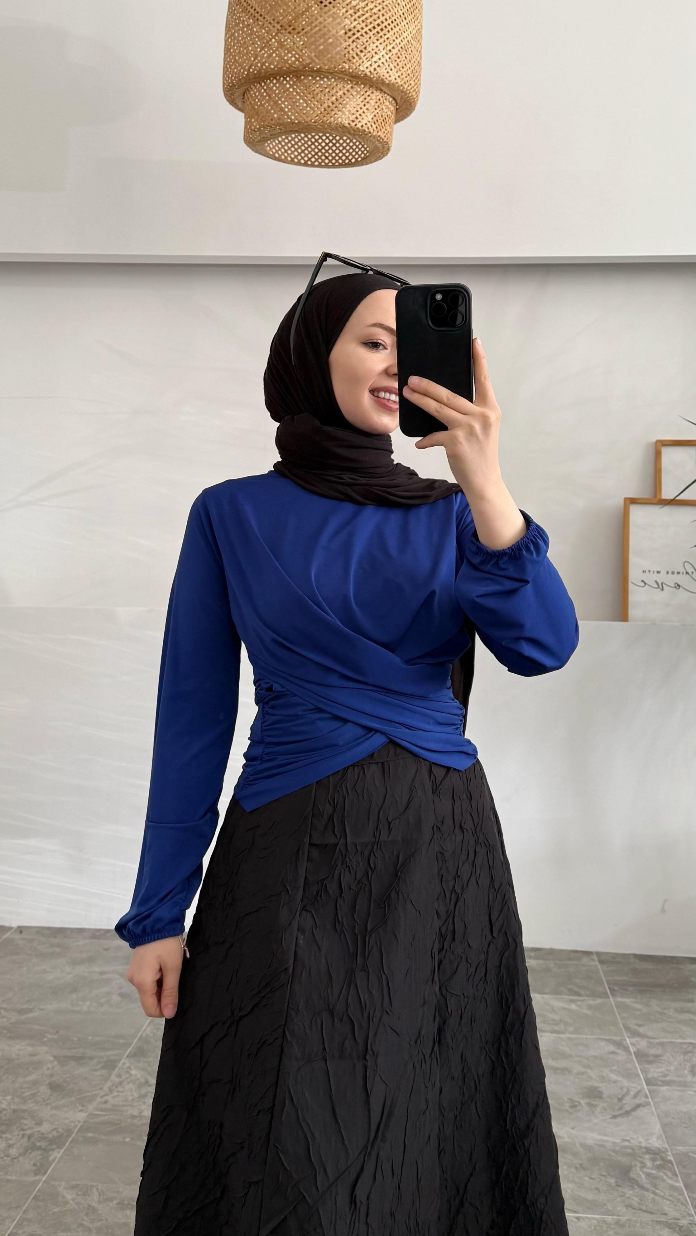 Sannan Çift Drapeli Saks Bluz