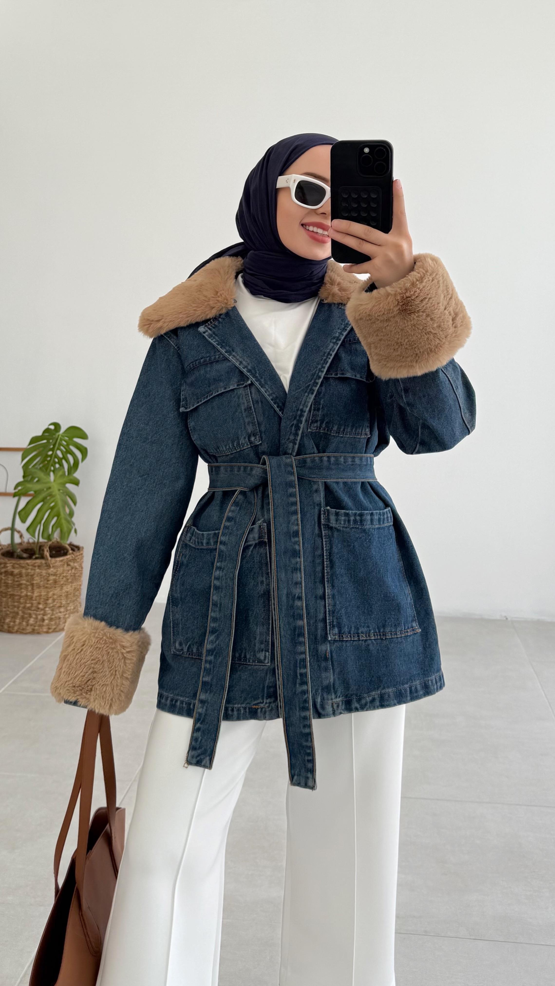 Sanni Kürklü Koyu Mavi Kot Ceket