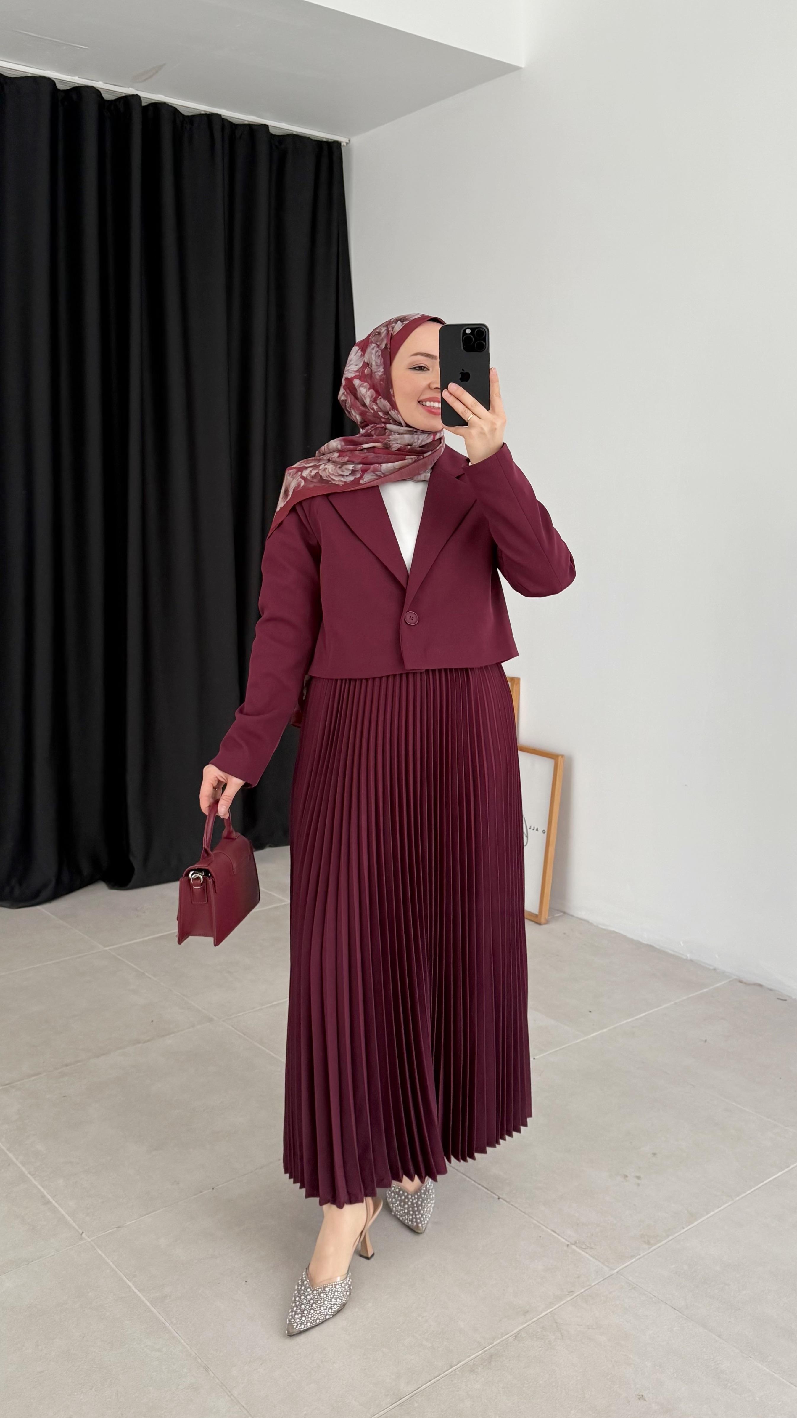 Sara Premıum Piliseli Bordo Ceket Takım