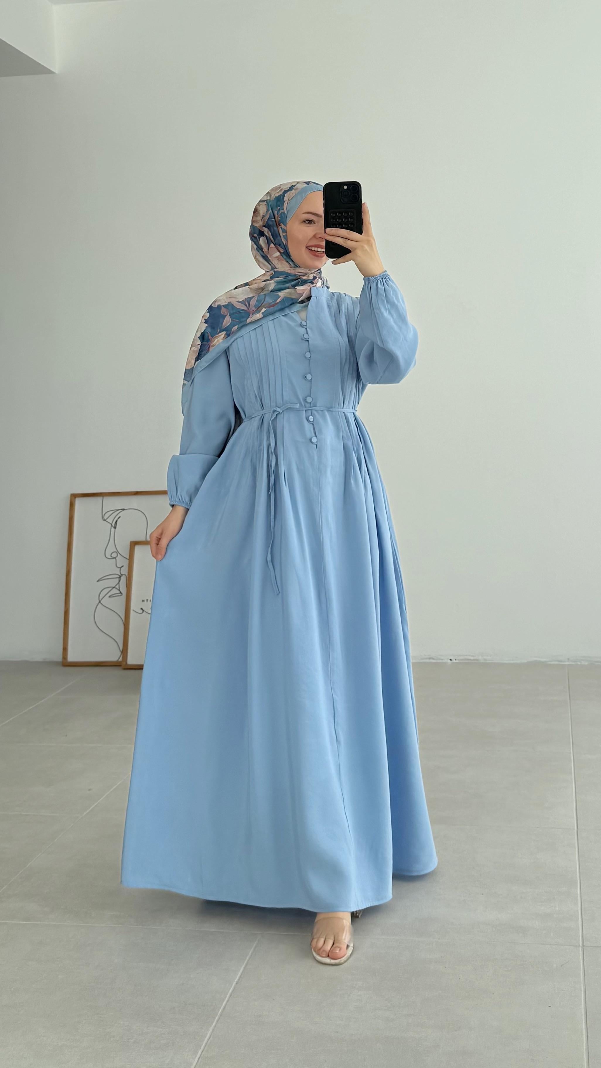 Sayel Nervür Dikişli Mavi Elbise 