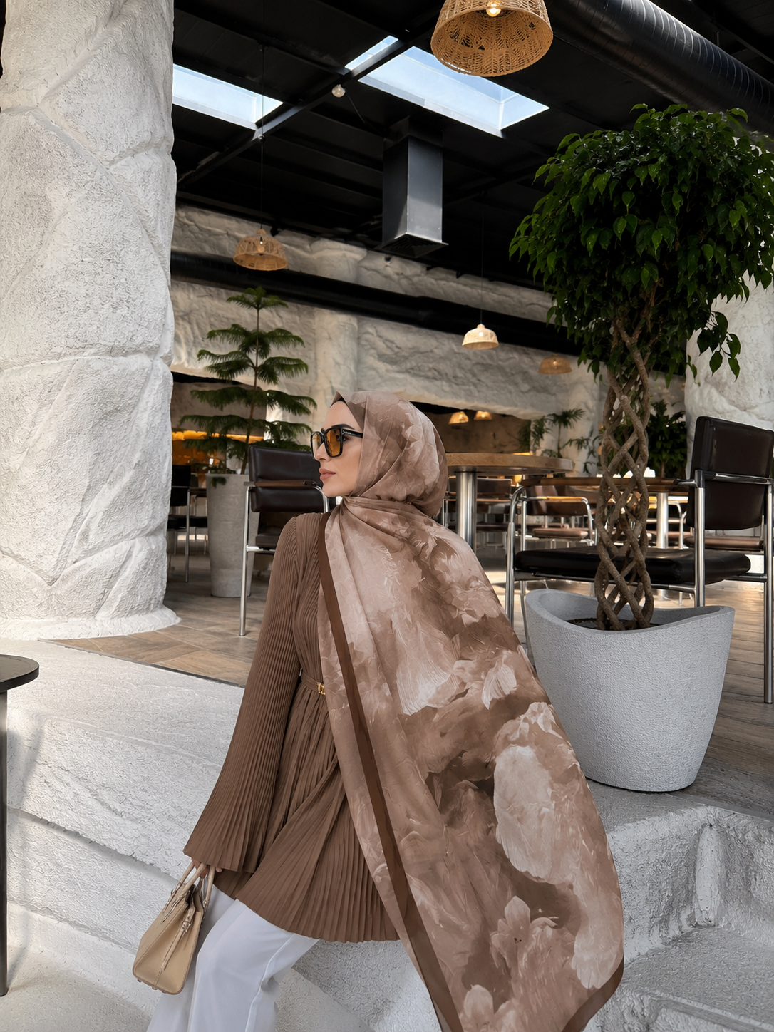 Scarf Desenli Pamuklu Kahverengi Şal 