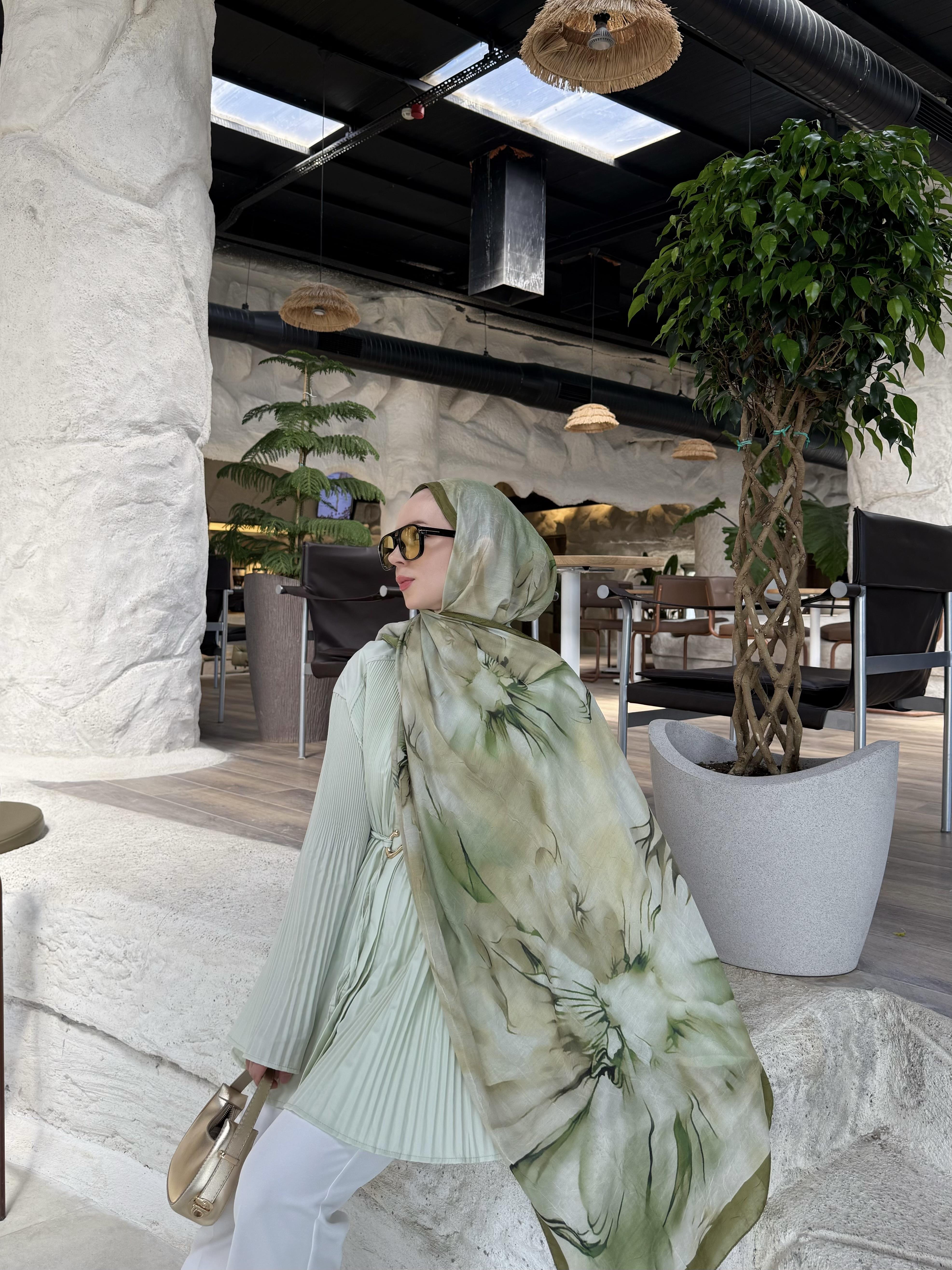 Scarf Desenli Pamuklu Yeşil Şal 