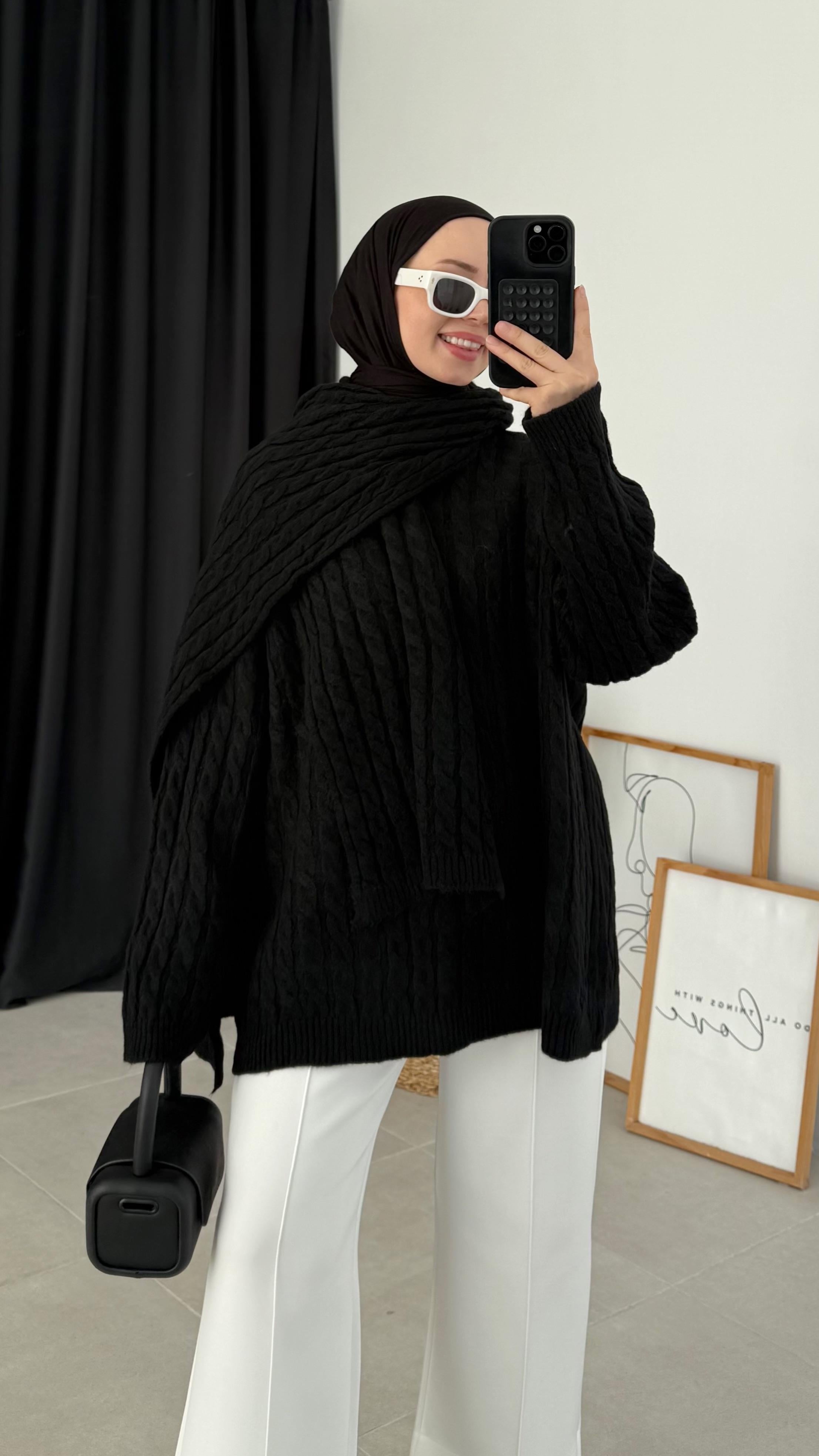 Semiramis Premium Örgü Desen Siyah Atkılı Kazak (8622)