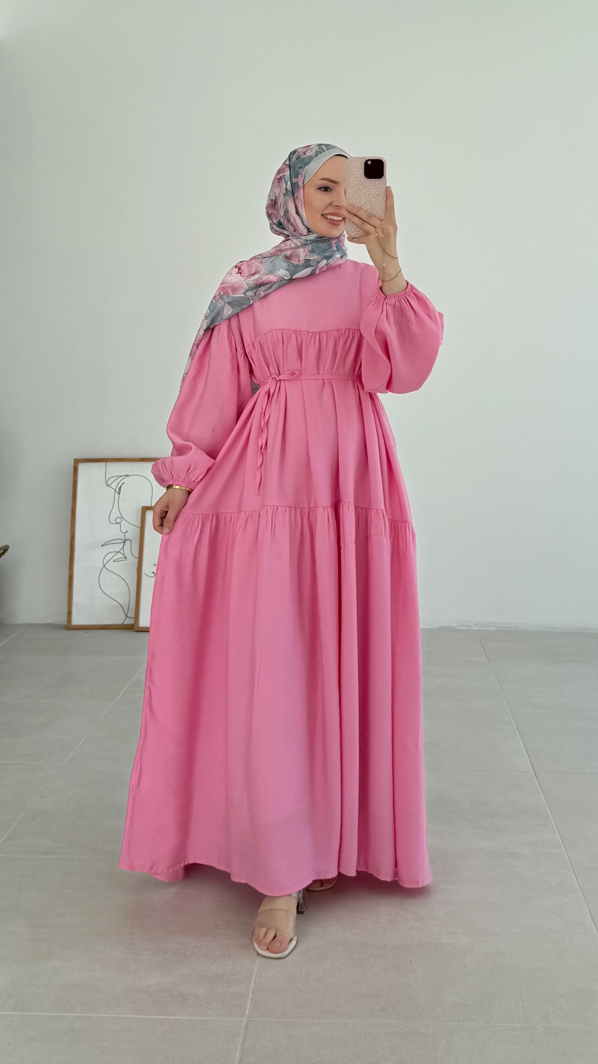 Snara Balon Kol Pembe Elbise