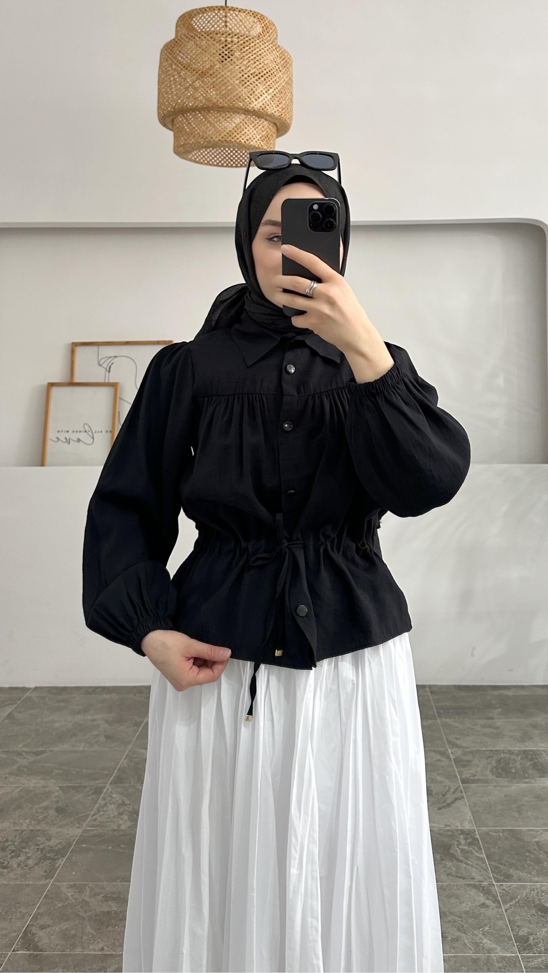 Soffie Belden Bağlamalı Siyah Gömlek