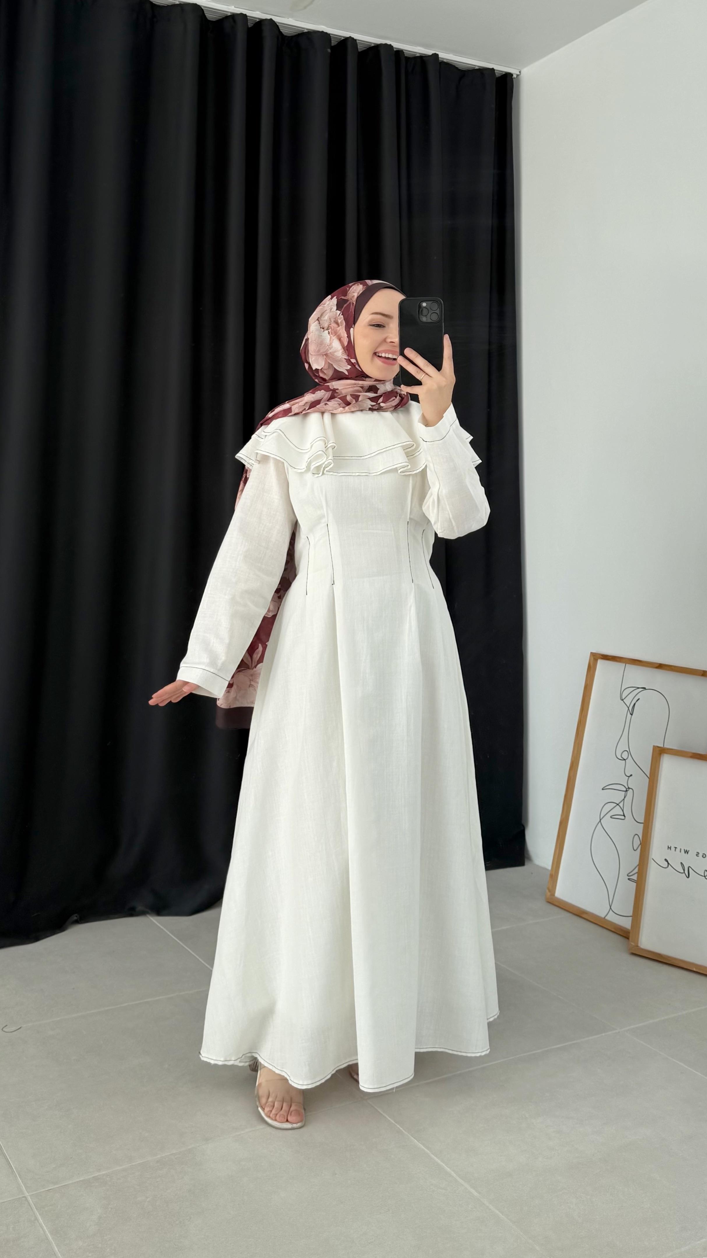 Talya Kat Kat Keten Ekru Elbise