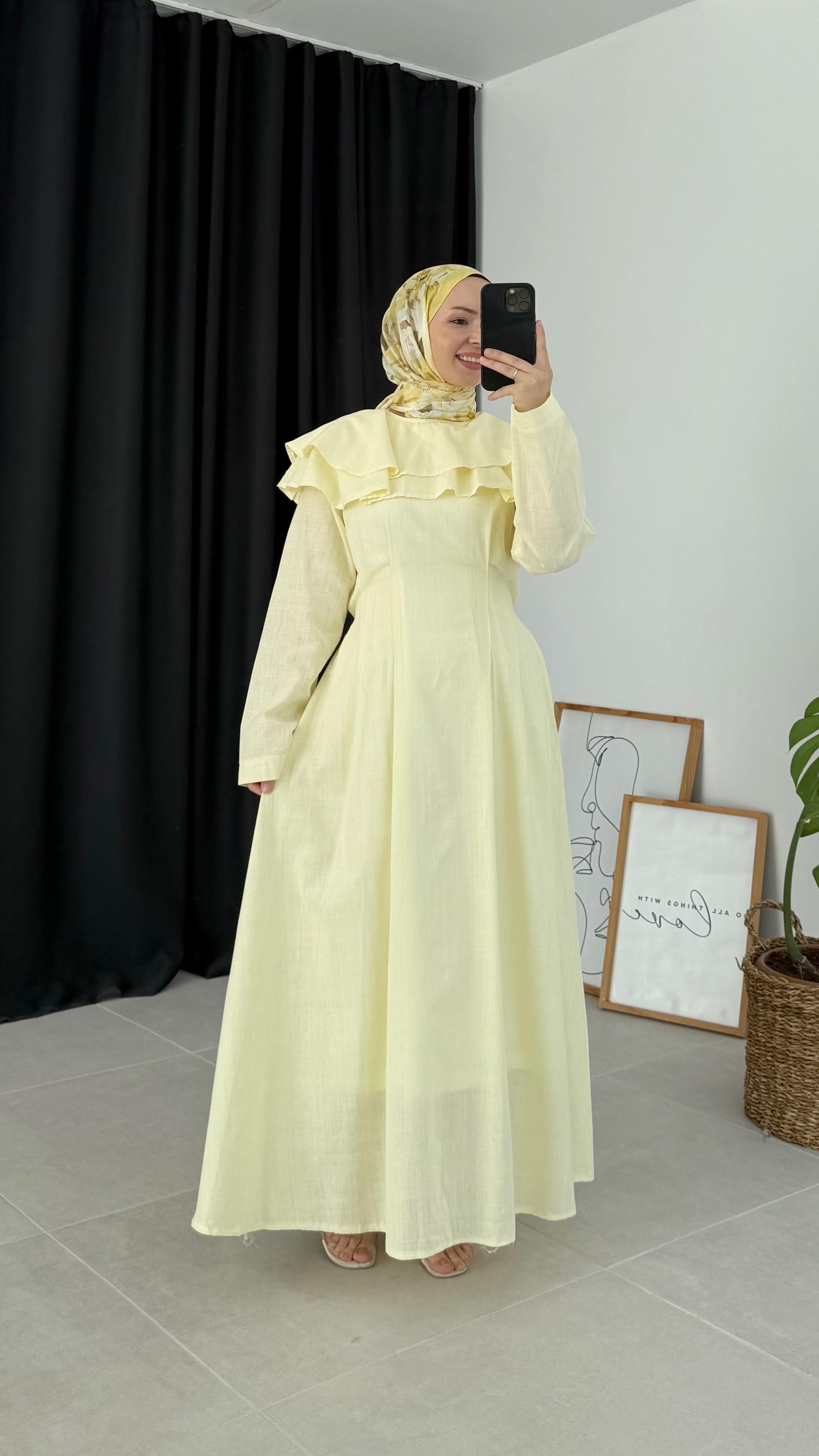 Talya Kat Kat Keten Sarı Elbise