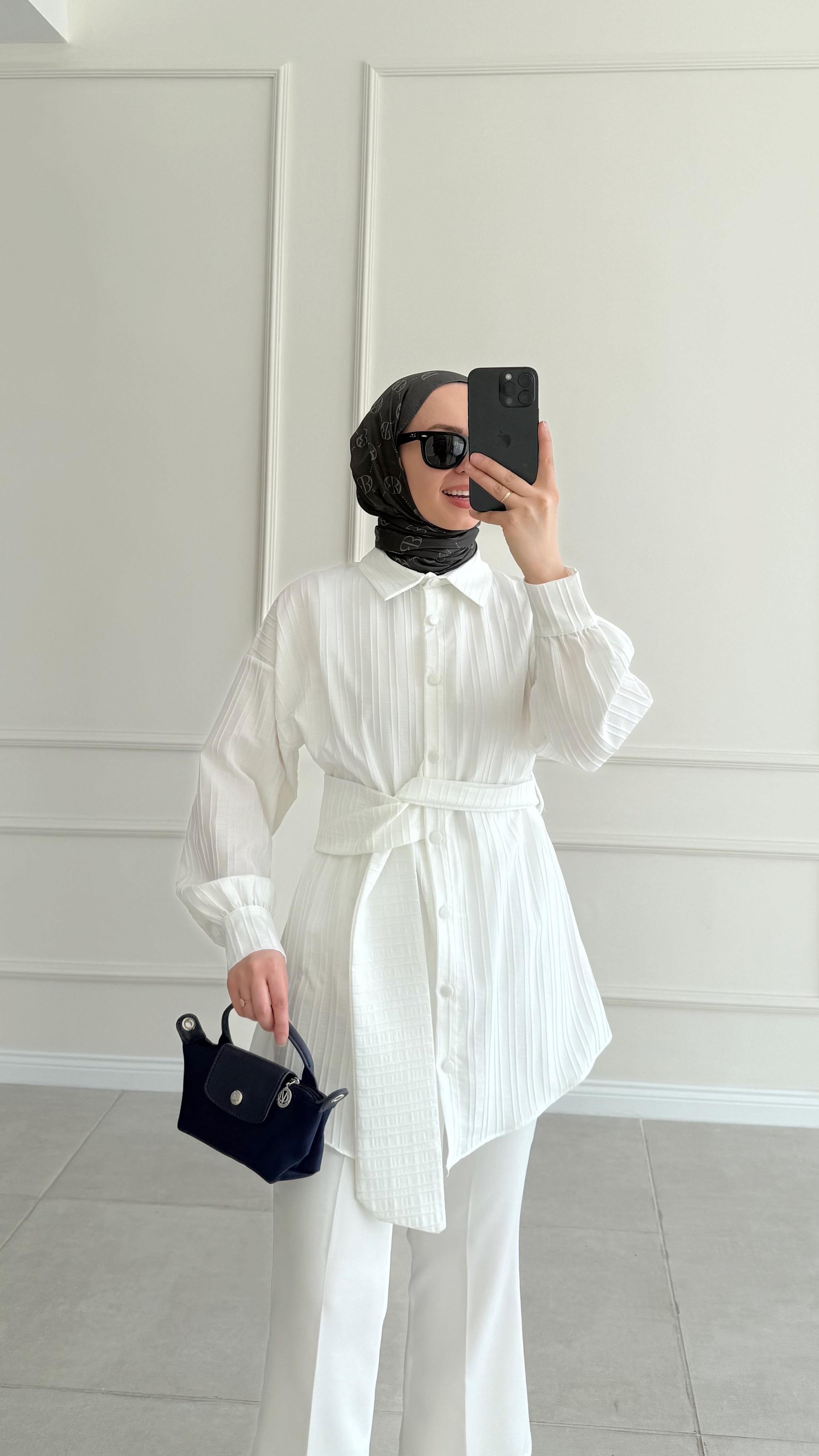 Tanba Tasarım Kuşaklı Beyaz Tunik