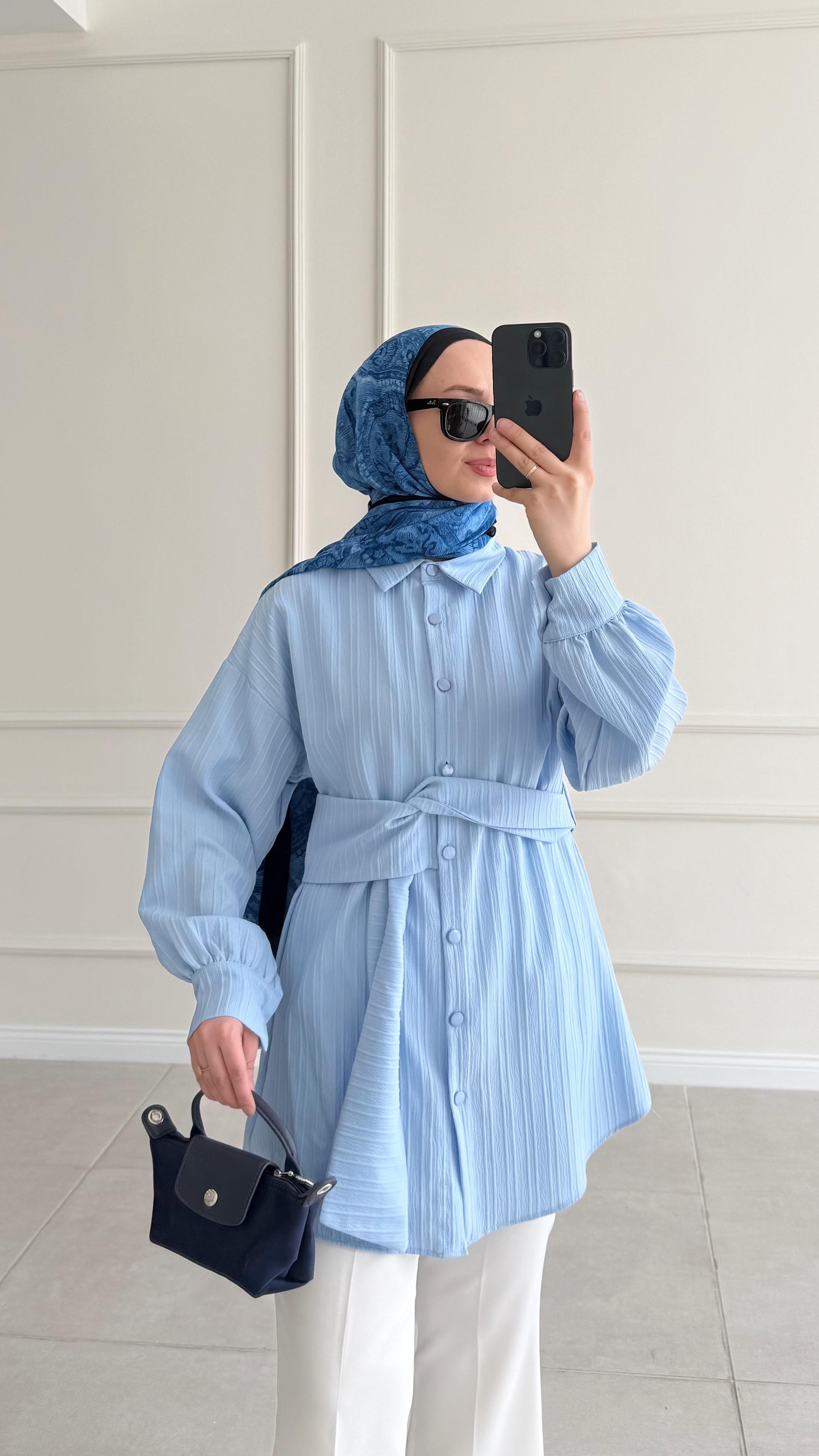 Tanba Tasarım Kuşaklı Mavi Tunik