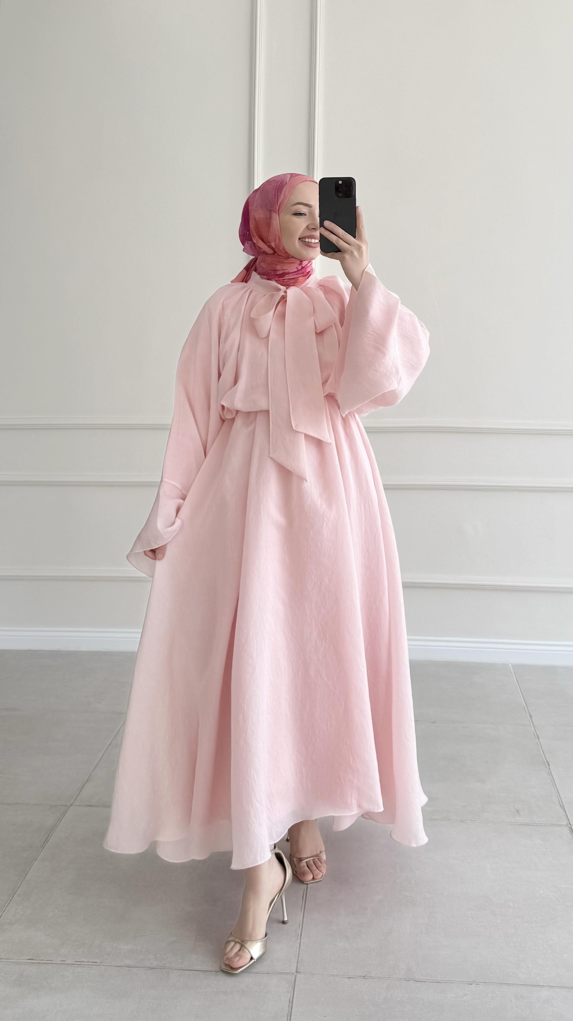 Tatya Boyun Bağlamalı Pembe Elbise 