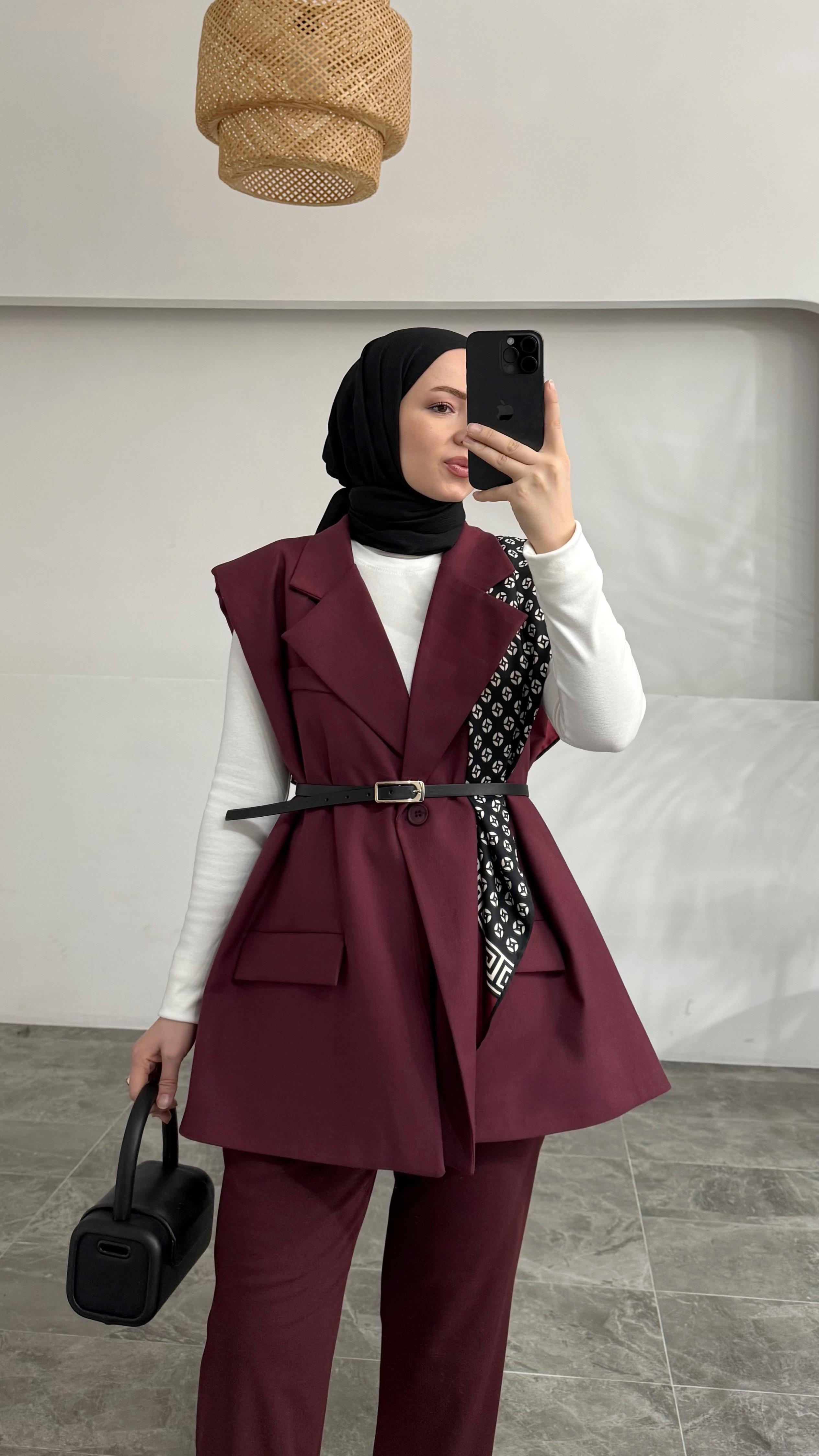 Tegga Pinterest Kemerli Blazer Bordo Yelek