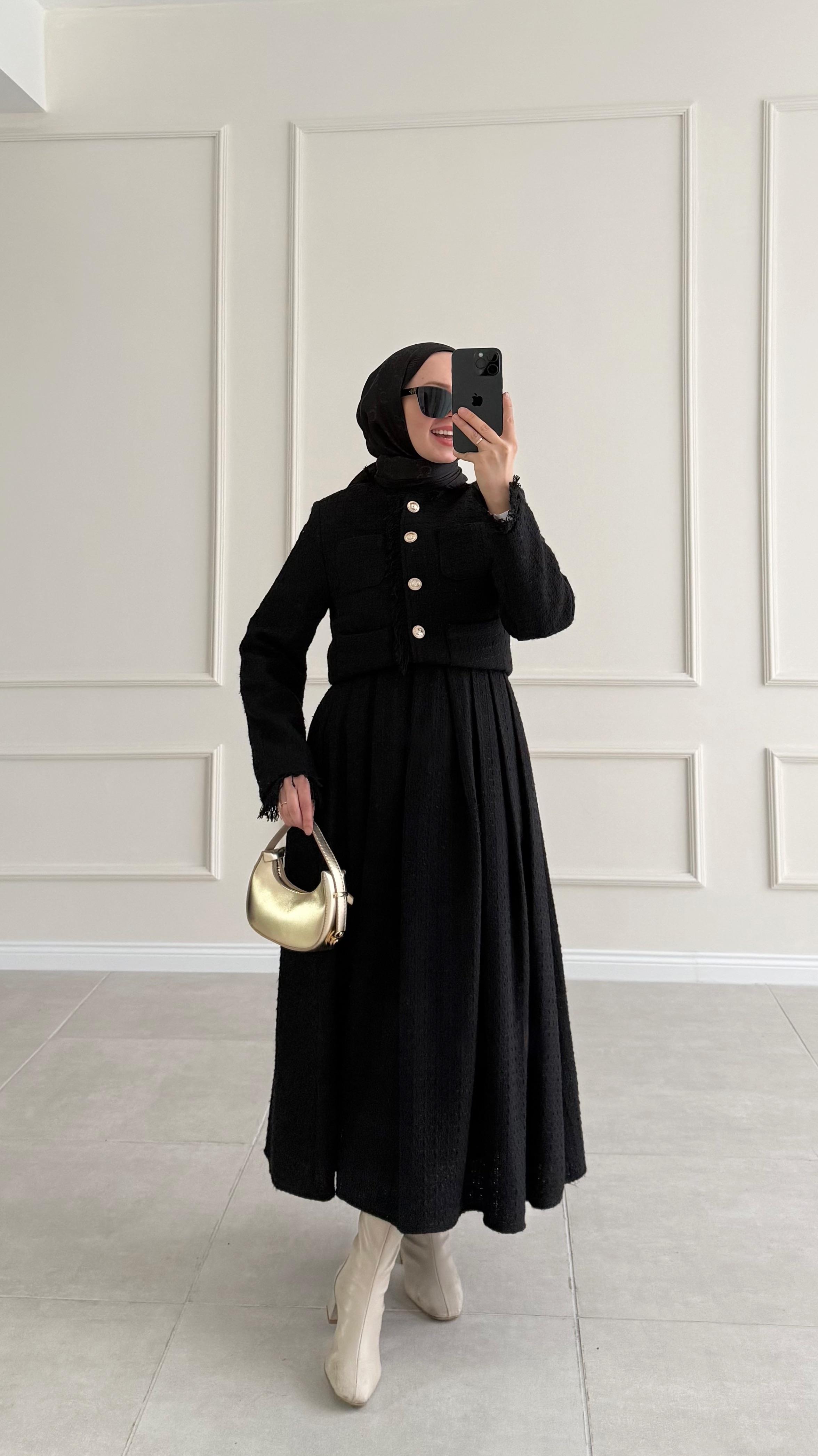 Tweed Saçaklı Siyah Tüvit Takım 