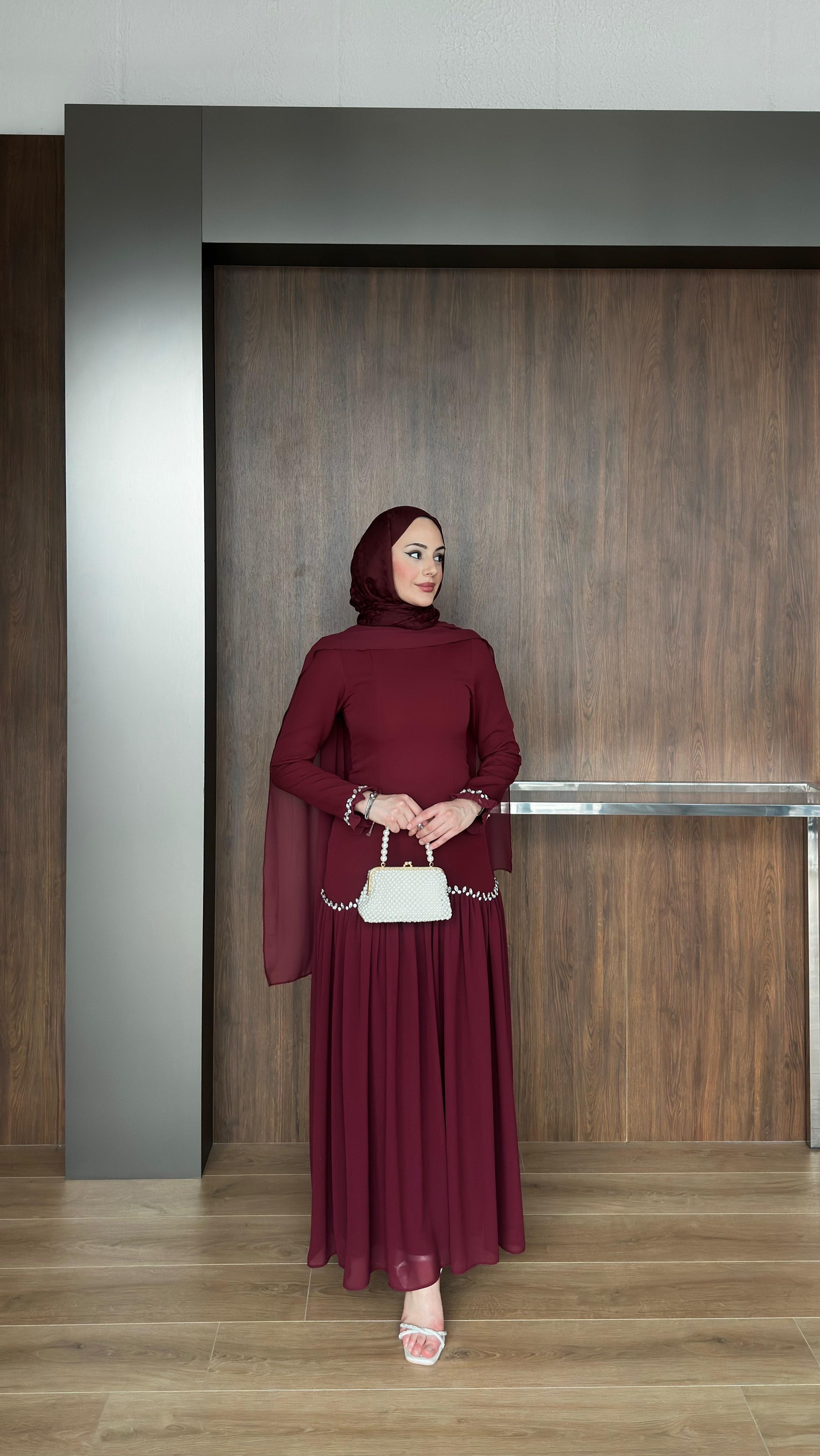 Viola Şifon Detaylı Bordo Abiye