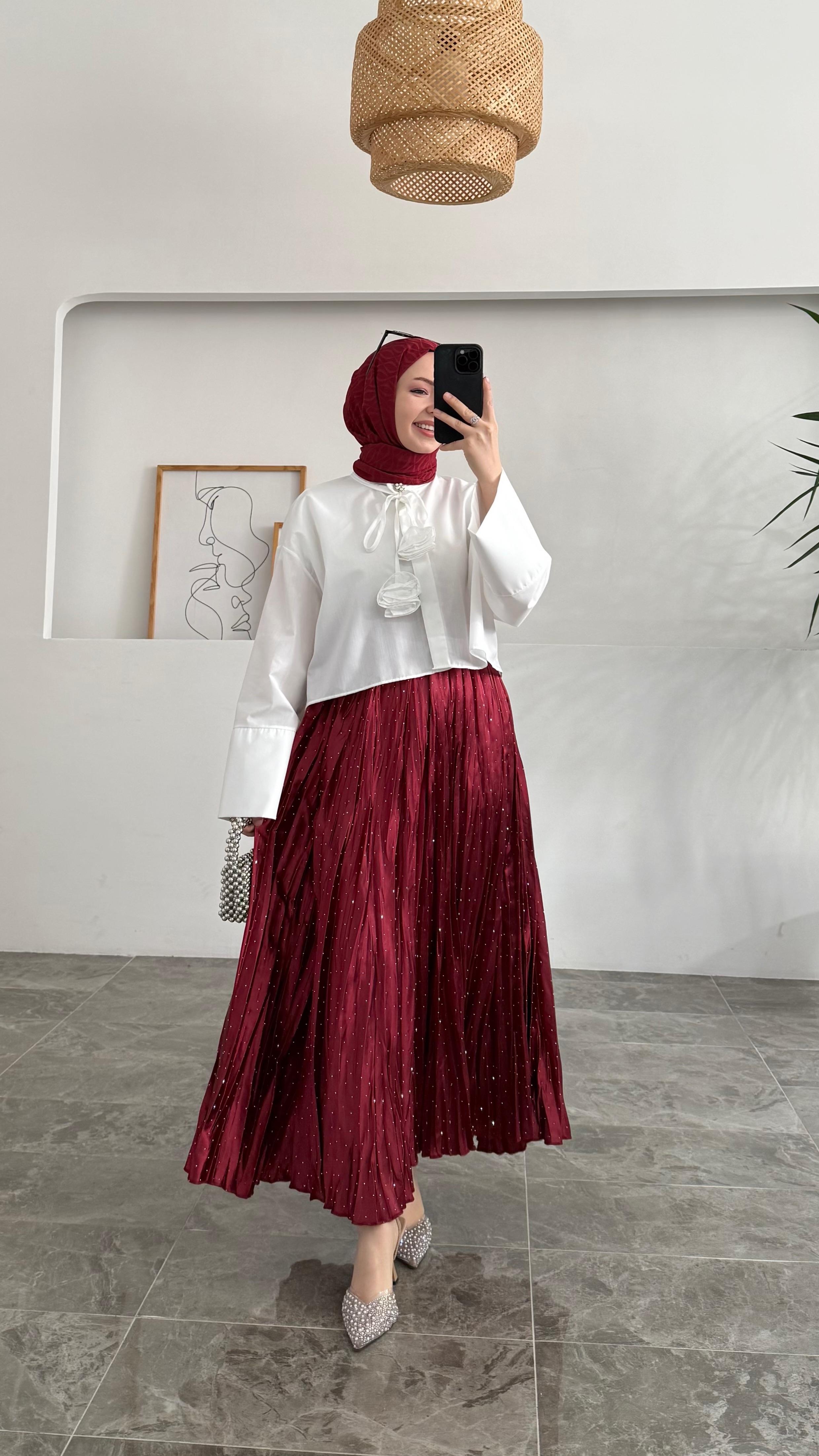 Wow Pullu Kraş Bordo Etek