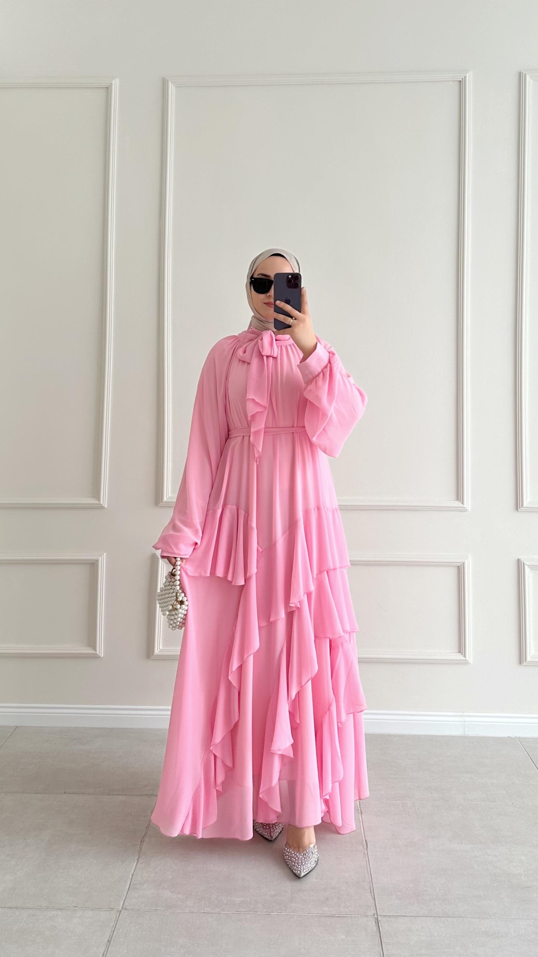 Yadel Reglan Kollu Eteği Kat Volanlı Pembe Şifon Elbise