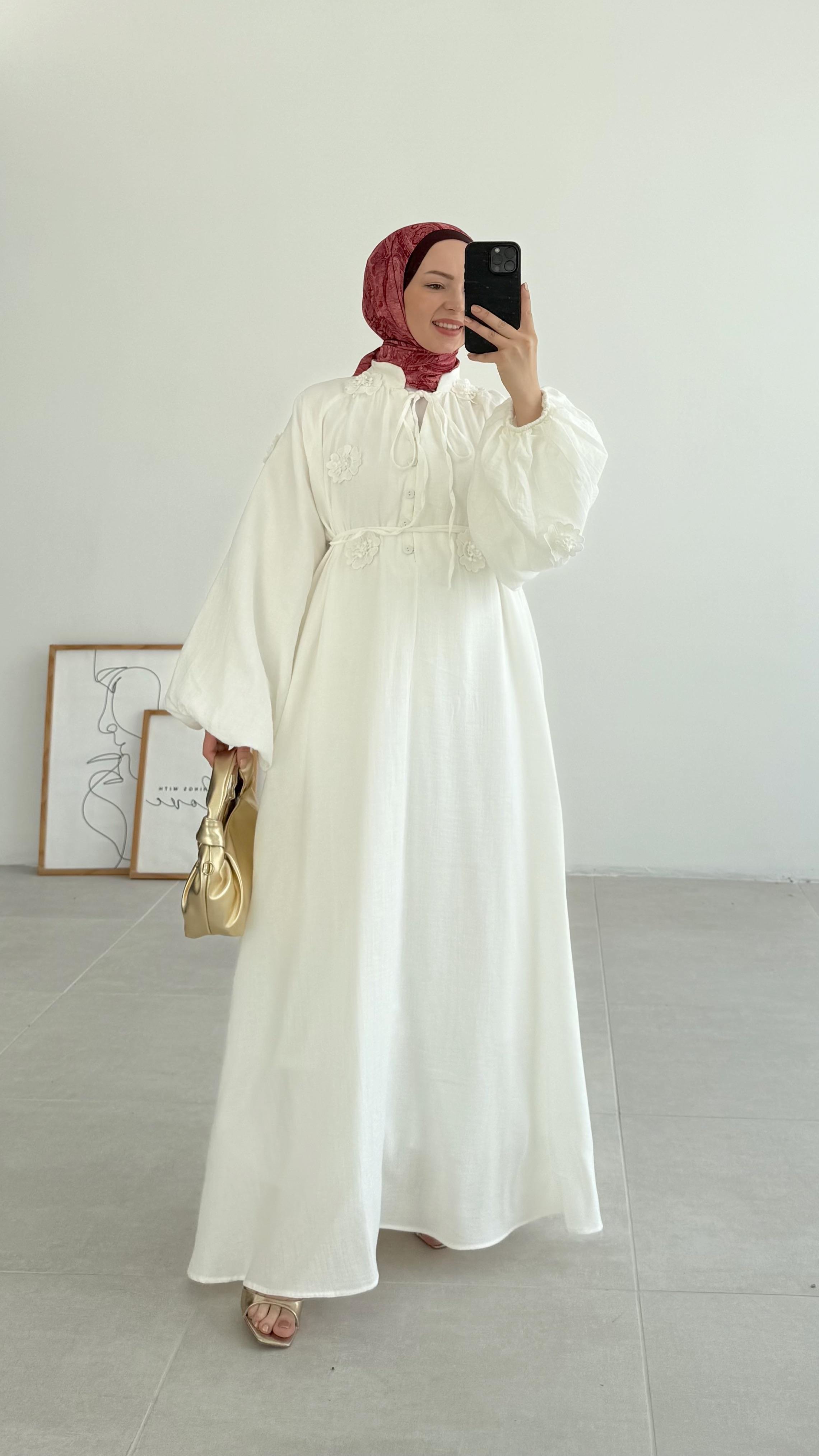 Yanel Çiçekli Premıum Beyaz Elbise