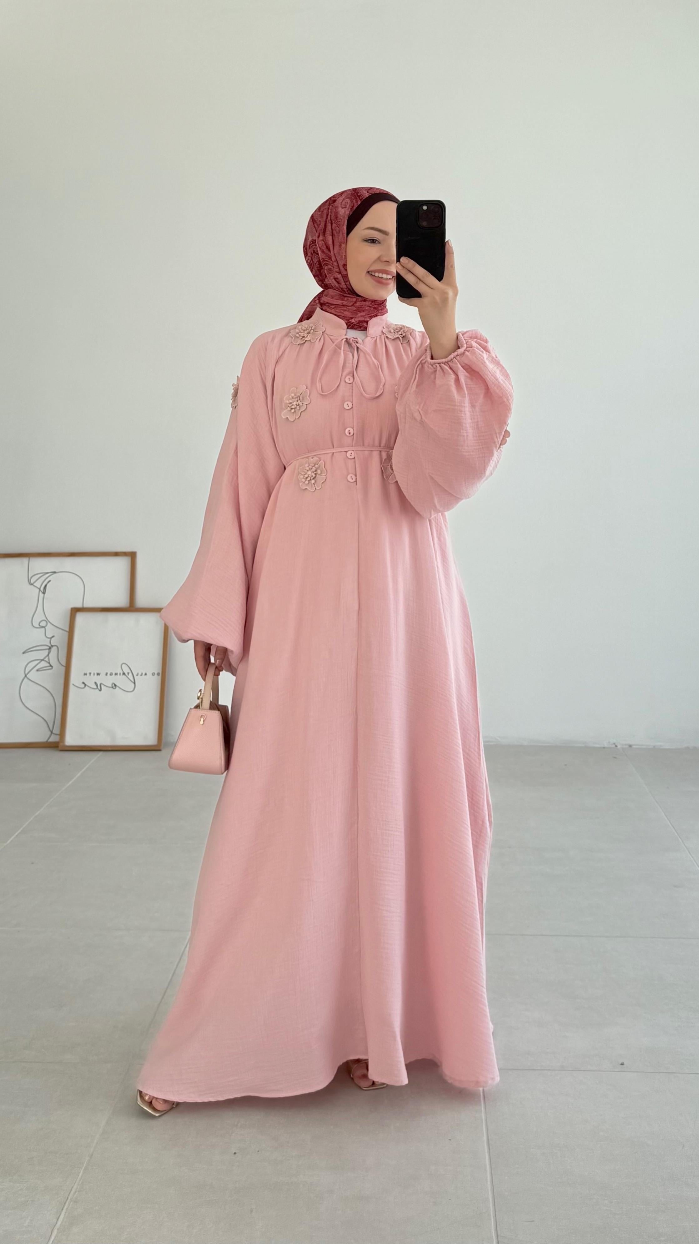 Yanel Çiçekli Premıum Pembe Elbise