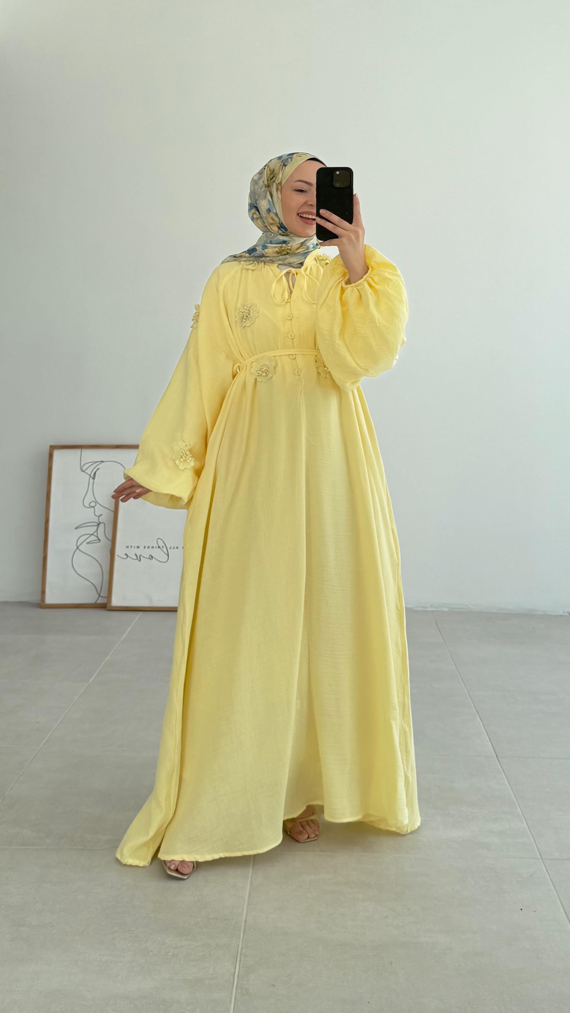 Yanel Çiçekli Premıum Sarı Elbise