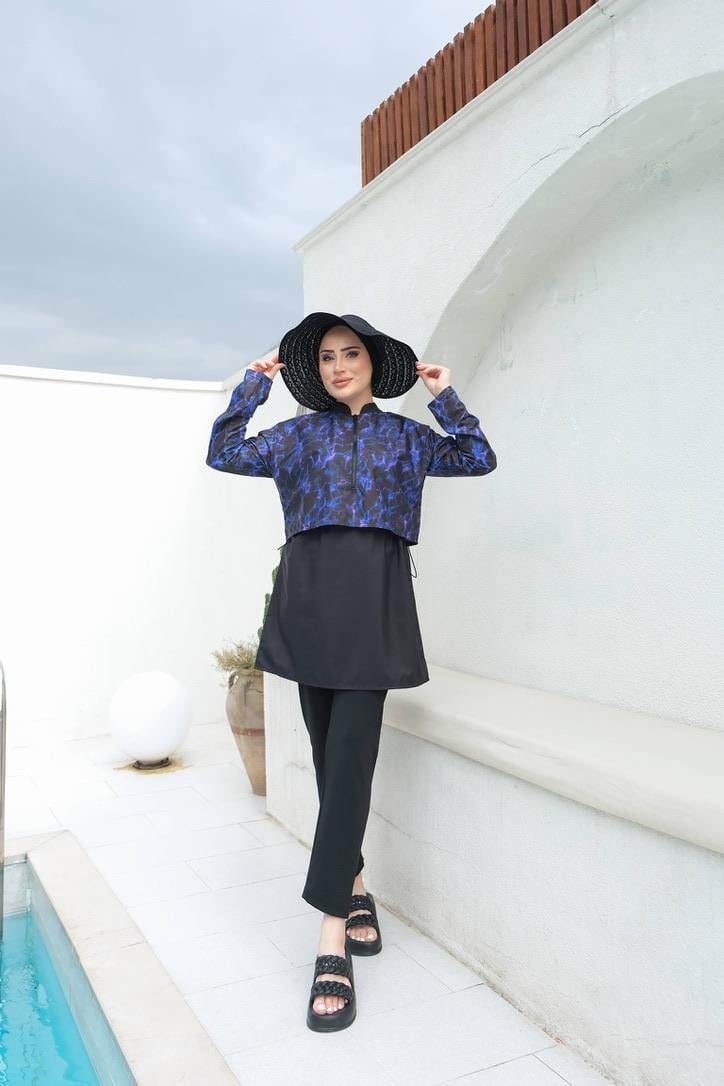 Yarım Dijital Baskılı Tesettür Mayo Mavi