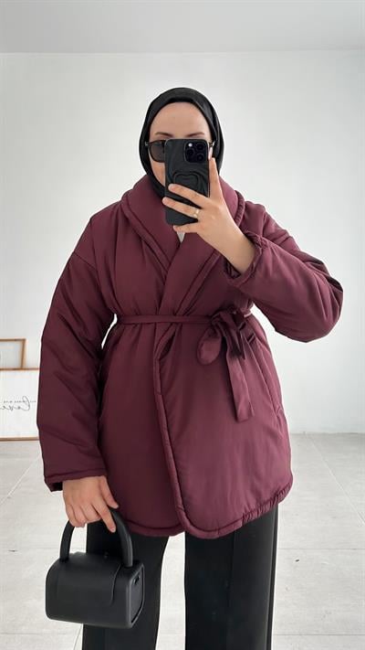 Bony Düz Kemerli Bordo Şişme Mont