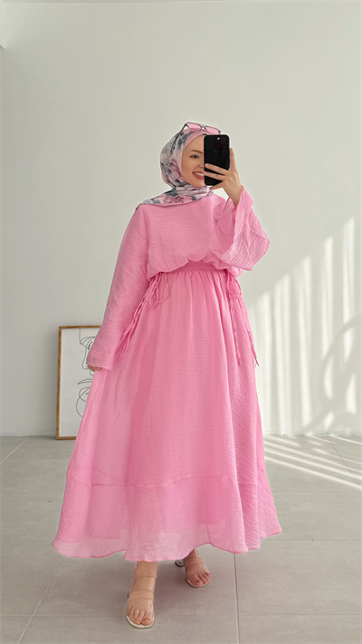 Lenora Beli Lastikli Pembe Elbise